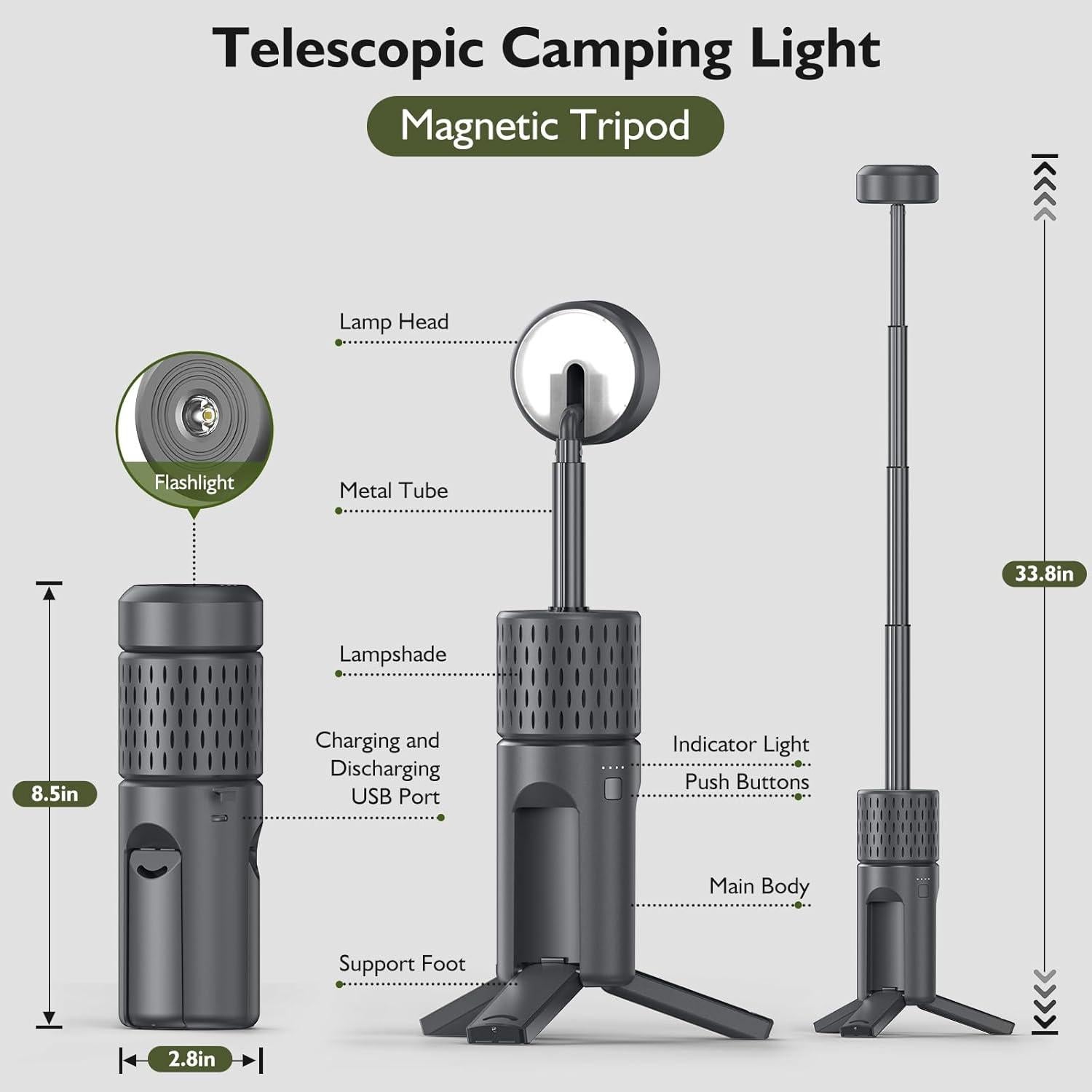 Linterna de Camping Telescópica HSP LYD06H Gris Recargable
