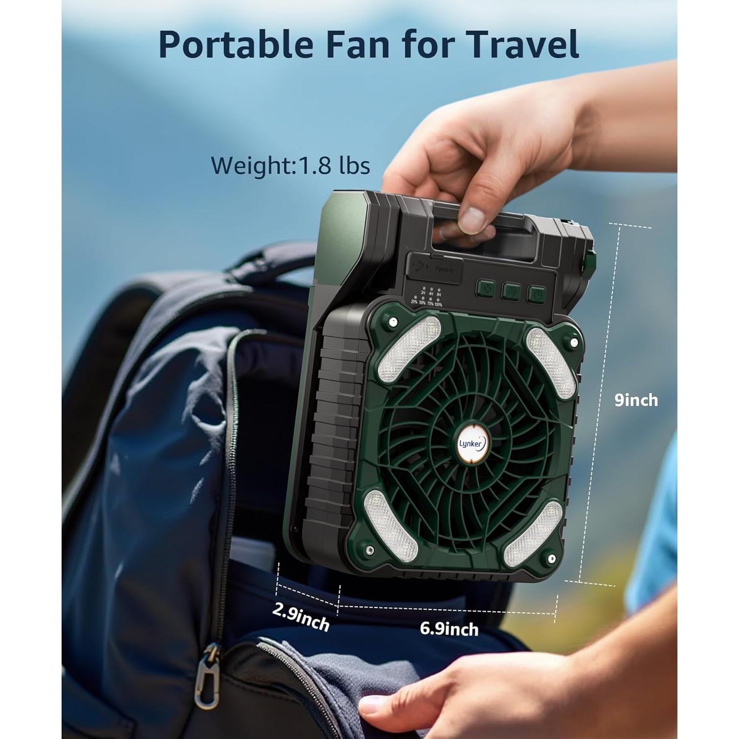 Ventilador de Camping Lynker Solar 4 Velocidades 30dB Verde