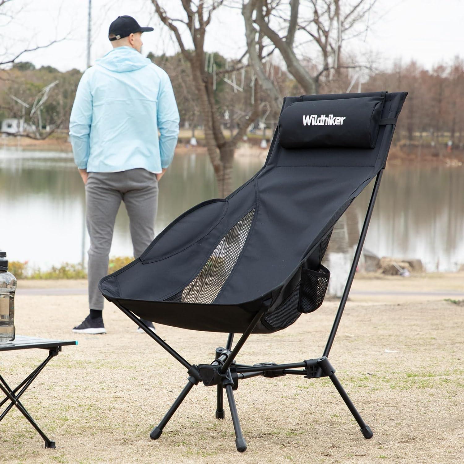 Silla de Camping Plegable Wildhiker con Respaldo Alto - Negra