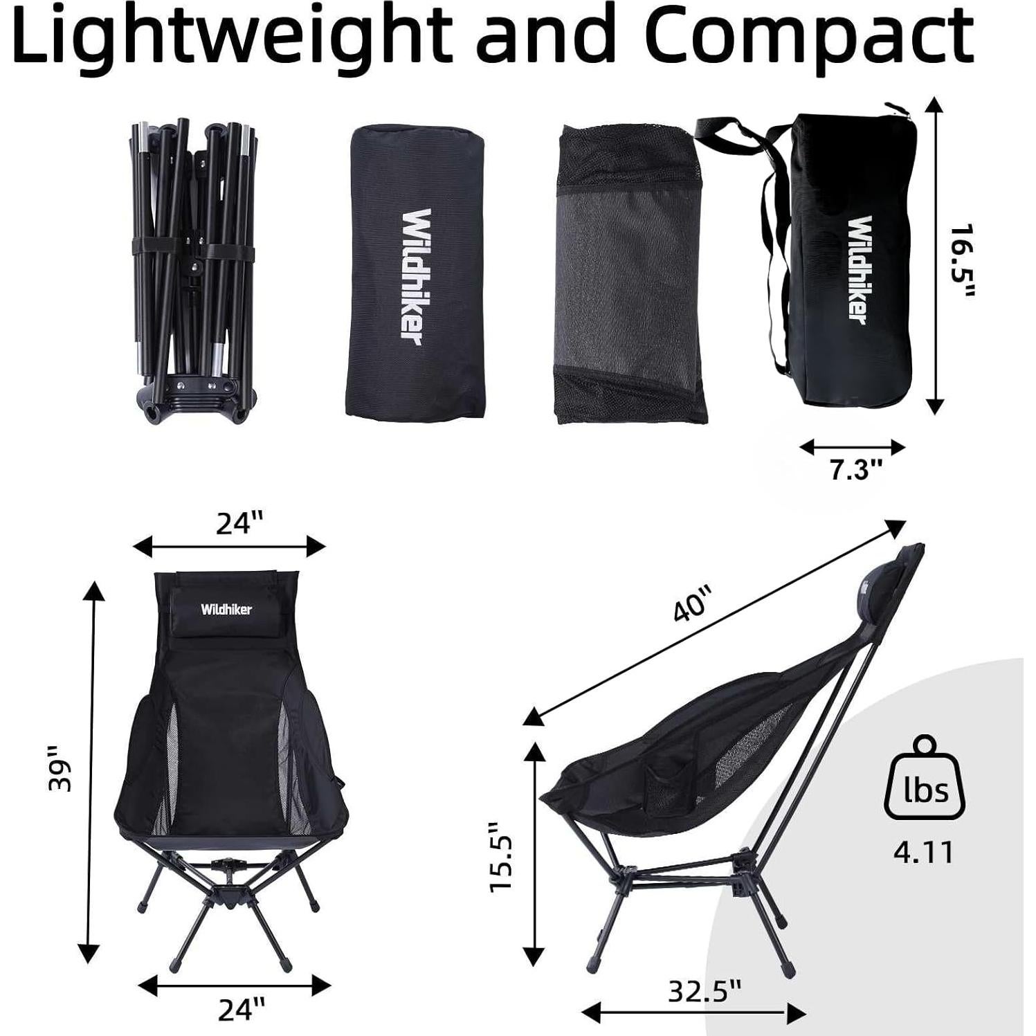 Silla de Camping Plegable Wildhiker con Respaldo Alto - Negra