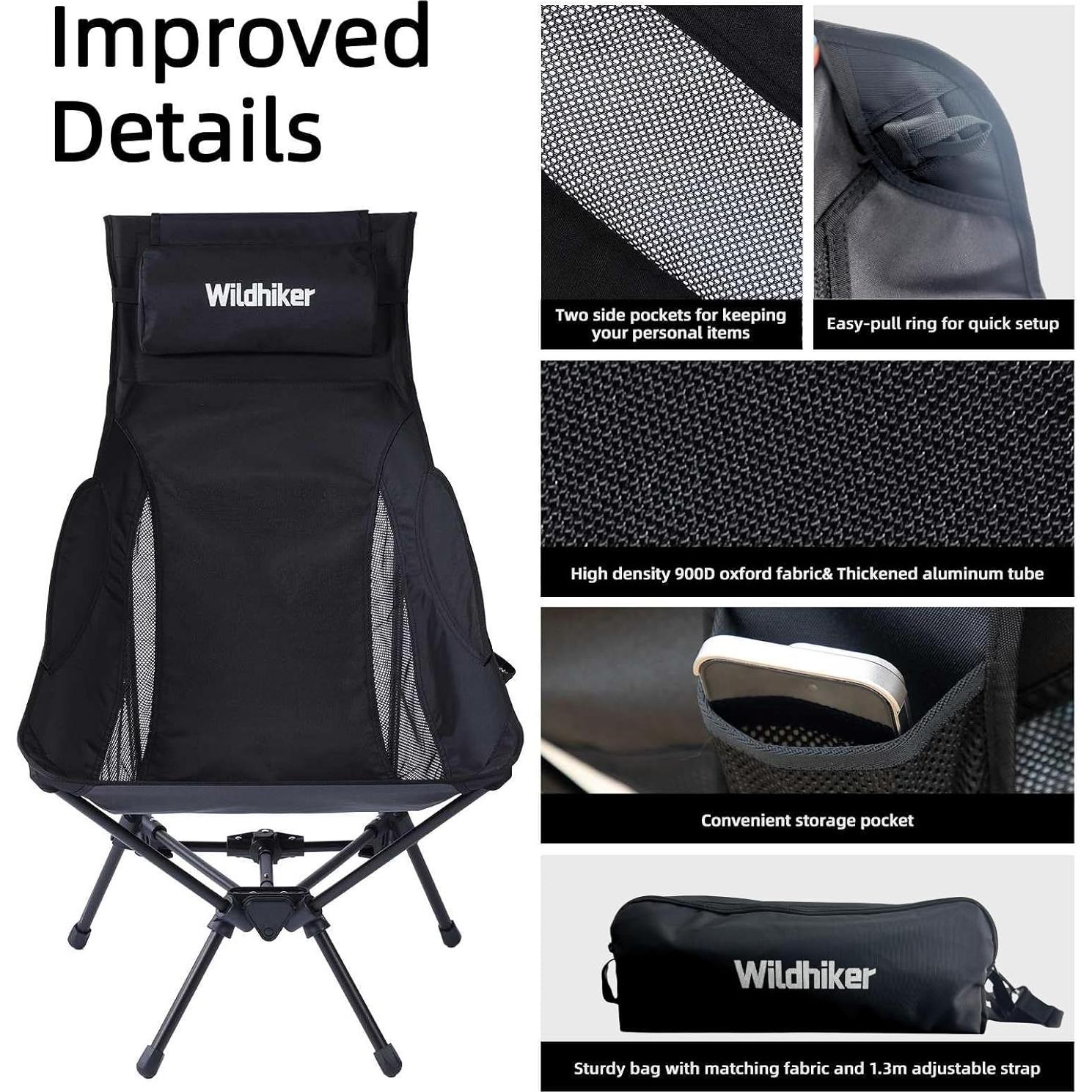 Silla de Camping Plegable Wildhiker con Respaldo Alto - Negra