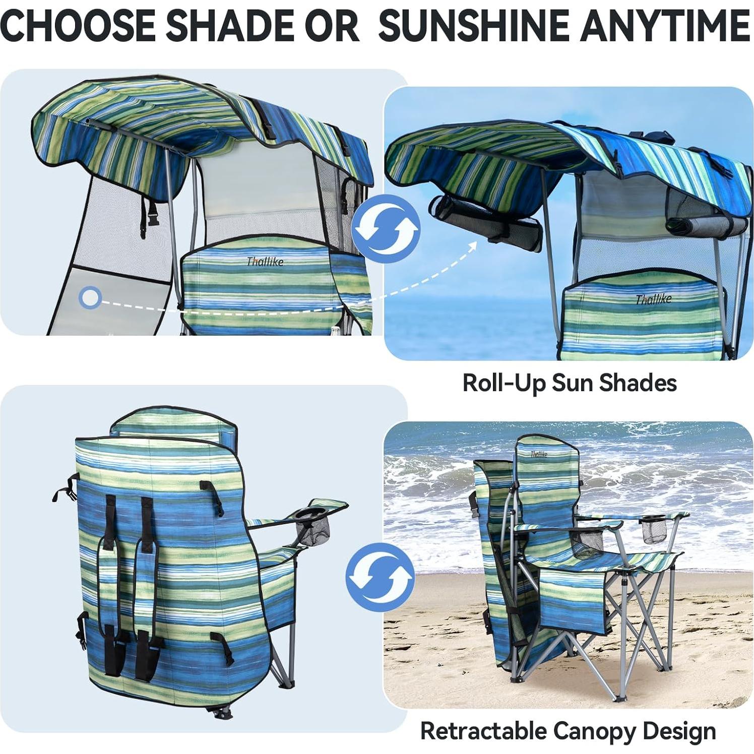 Silla de Camping Plegable Thallike con Dosel Reforzado Azul