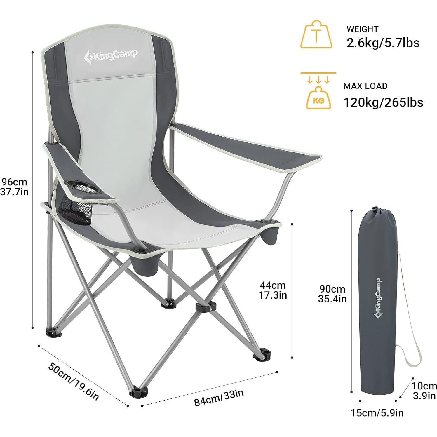 Silla de Camping Plegable KingCamp KC3818 Negra/Gris 120 kg
