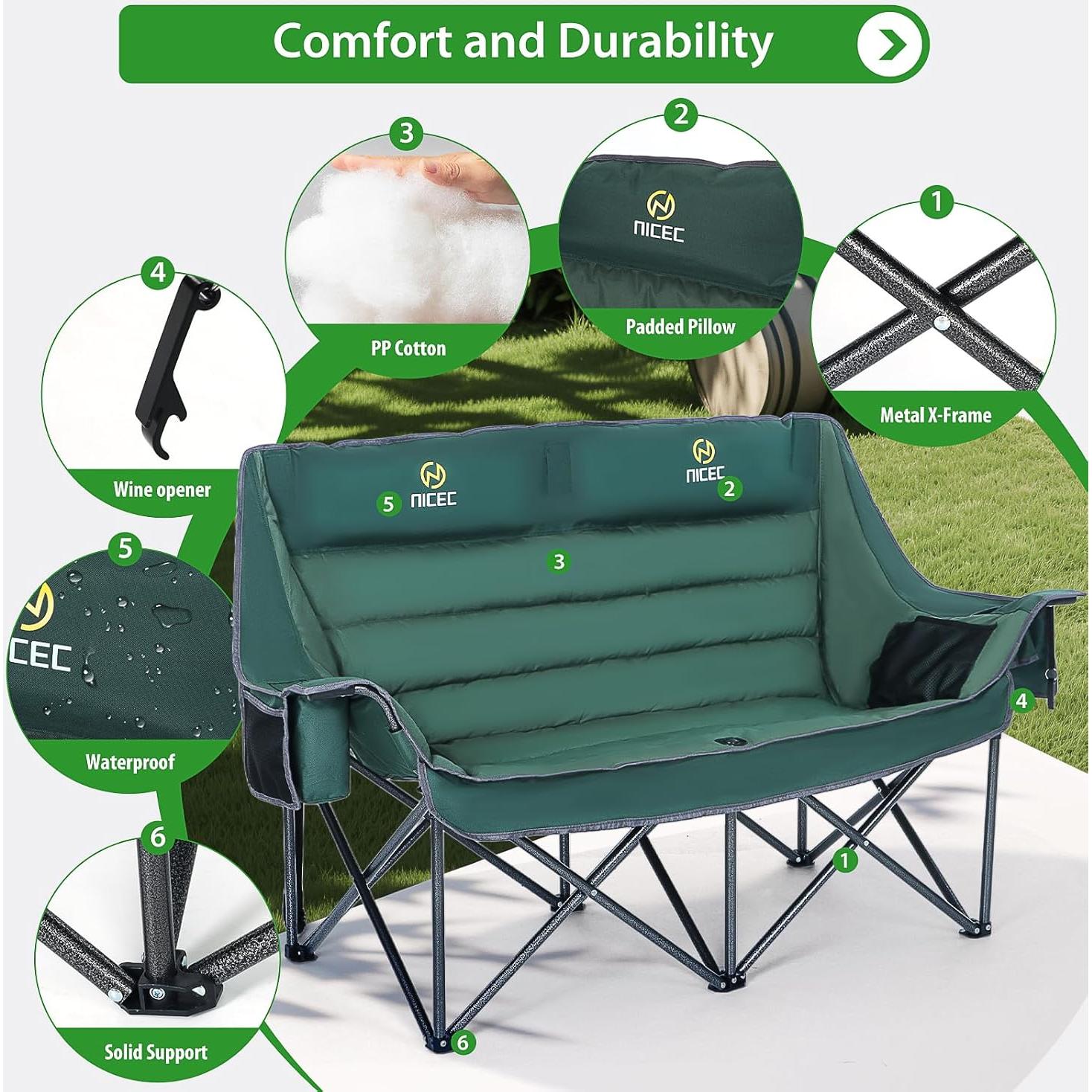 Silla de Camping Doble Nice C, Loveseat Plegable Acolchado