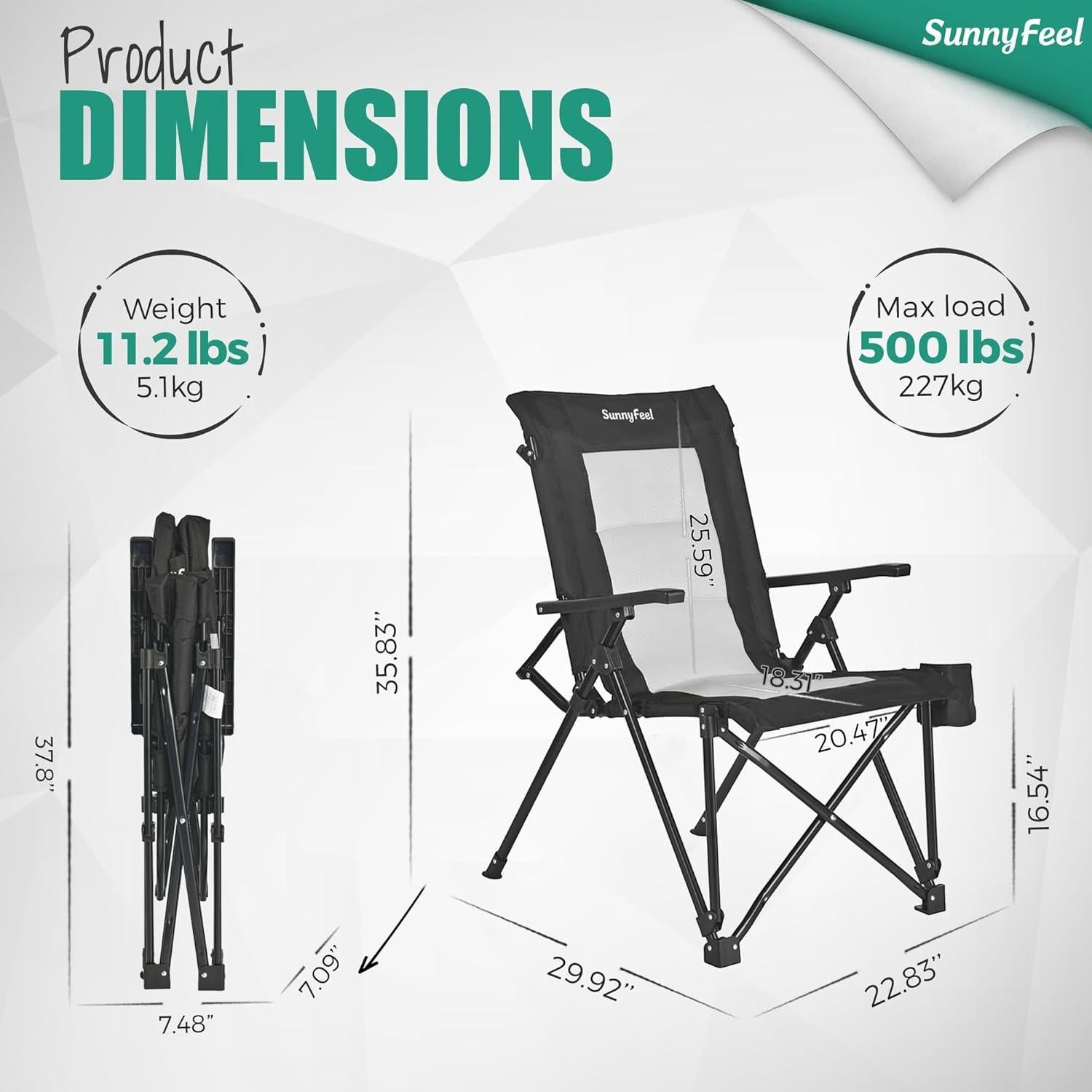 Silla de Camping Plegable SUNNYFEEL Respaldo Alto 500lbs