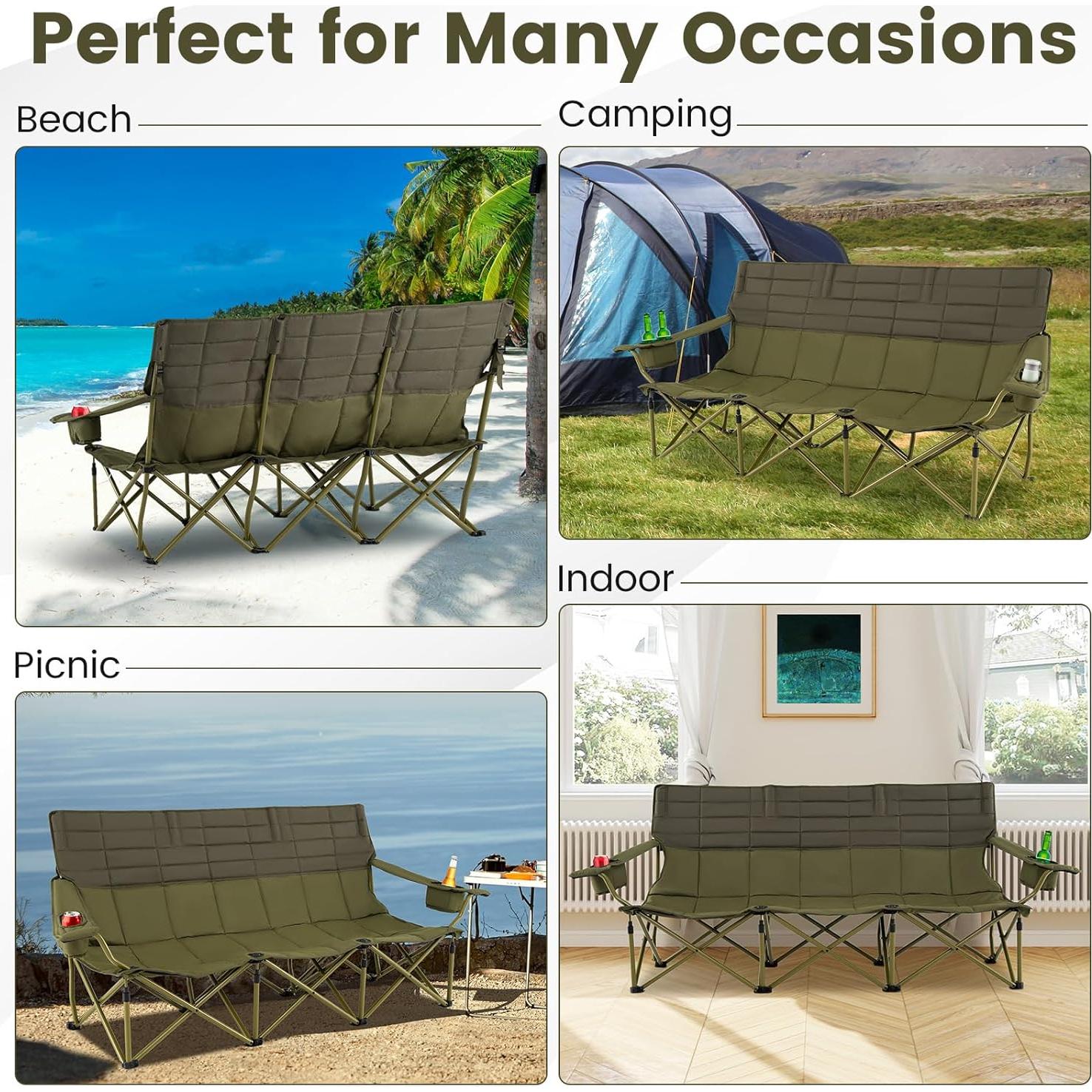 Silla de Camping Plegable Goplus para 3 Personas Verde