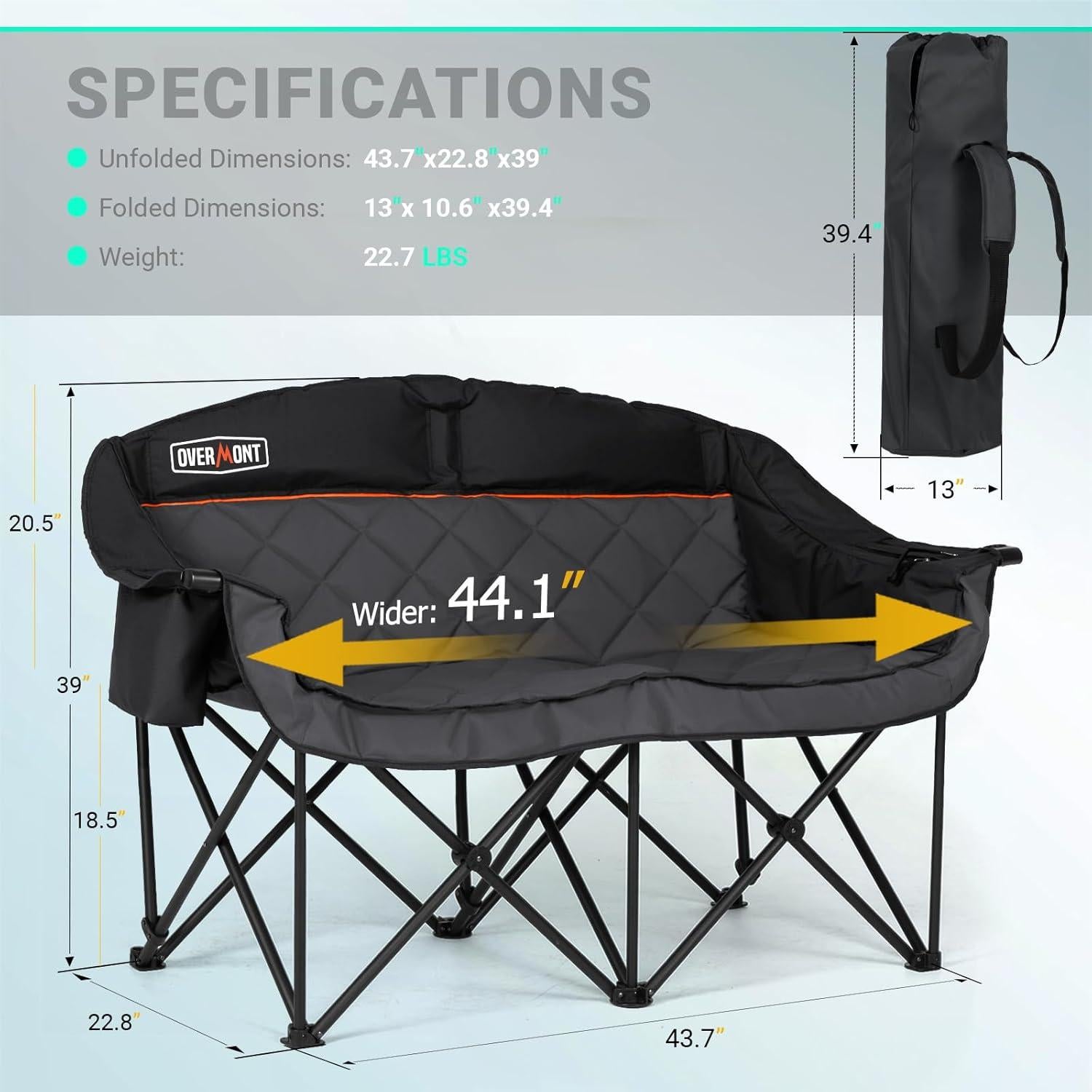 Silla de Camping Doble Overmont - Sofá Negro para 2 Personas