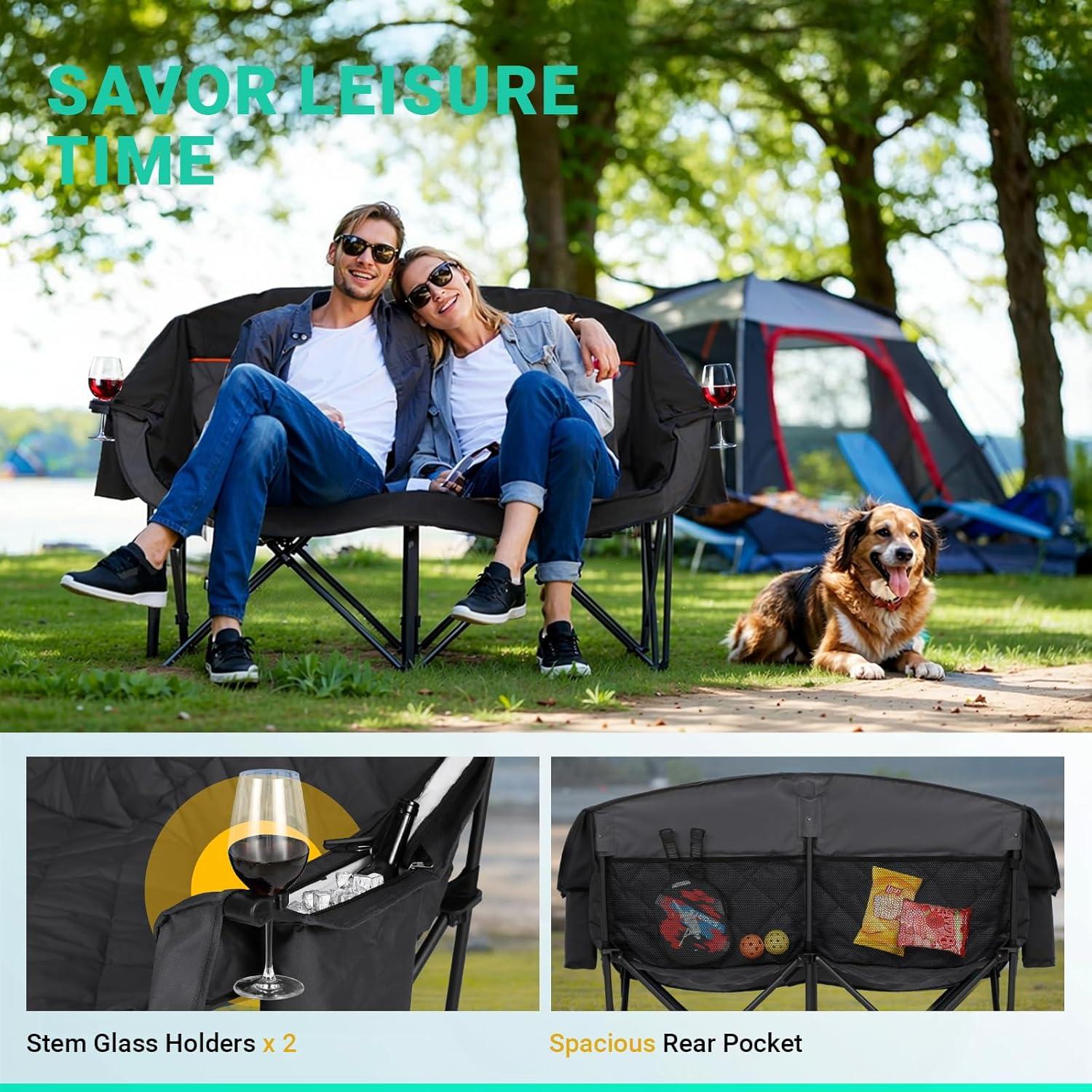 Silla de Camping Doble Overmont - Sofá Negro para 2 Personas