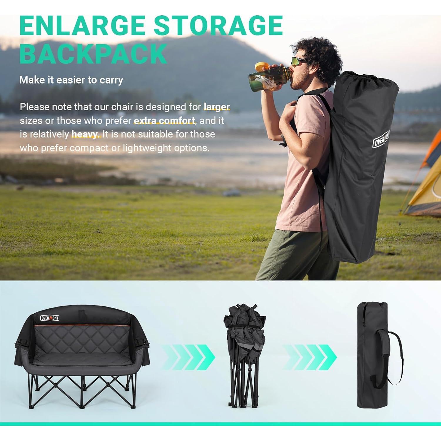 Silla de Camping Doble Overmont - Sofá Negro para 2 Personas