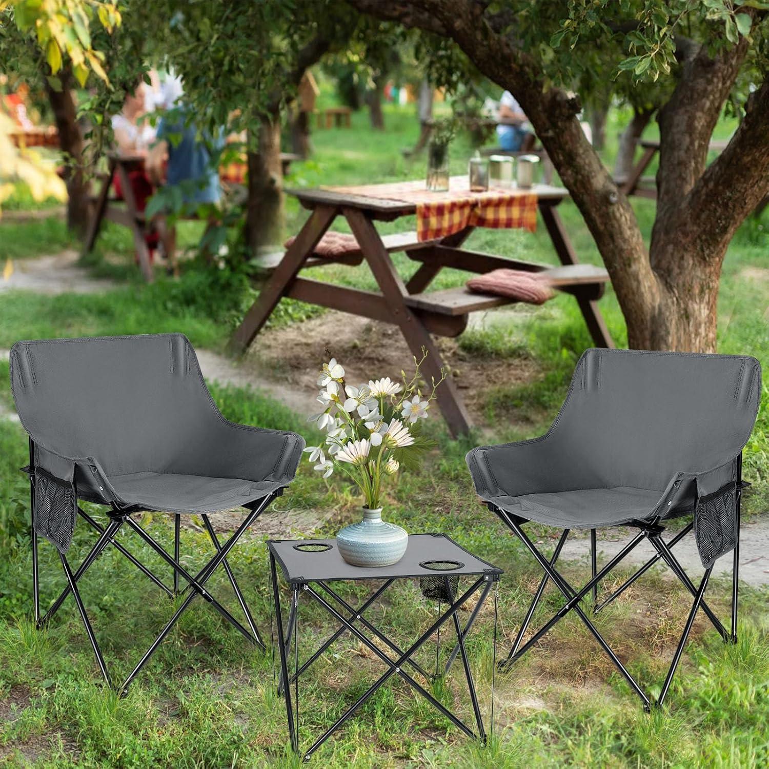 Leonyo 2 Sillas de Camping Plegables Adulto + Mesa Gris