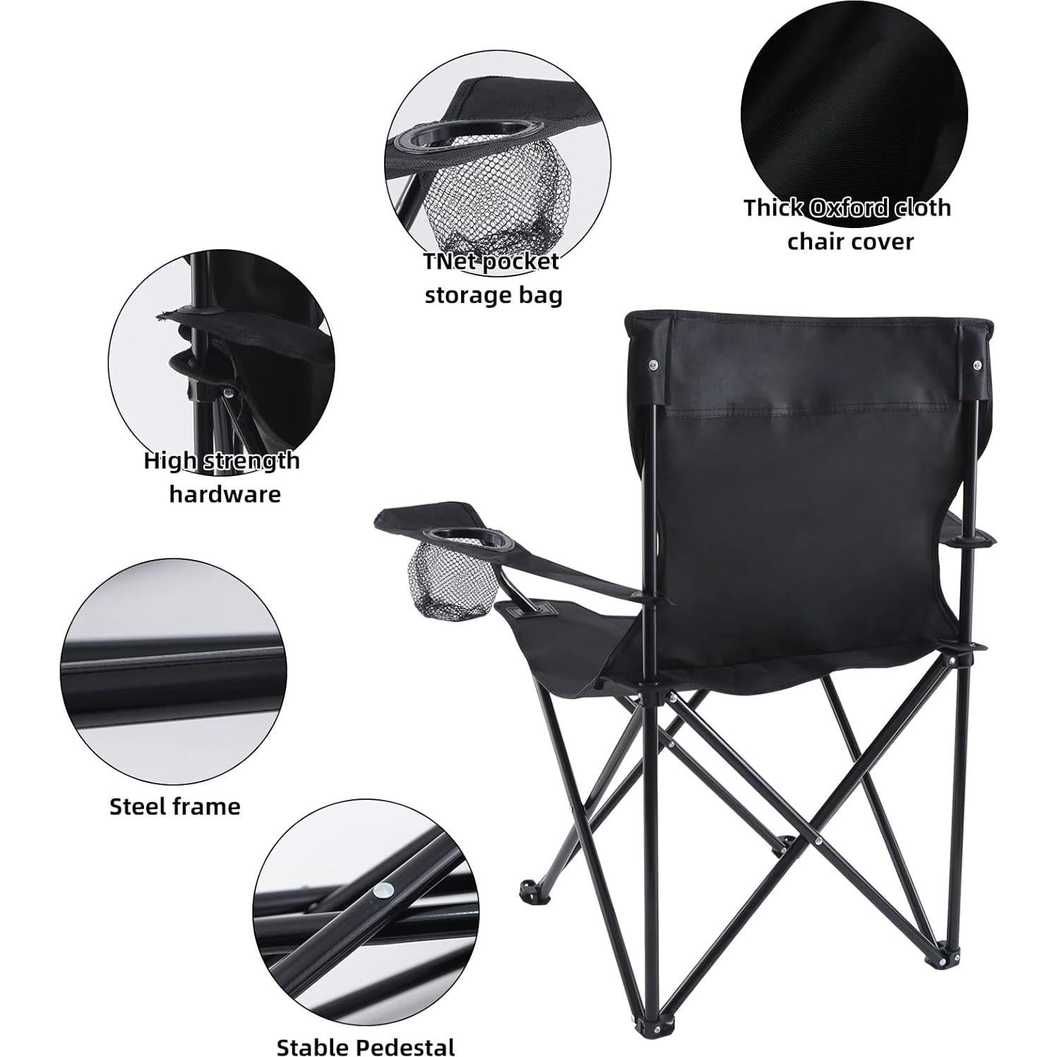 Silla de Camping Plegable YSSOA XL con Reposabrazos Negra