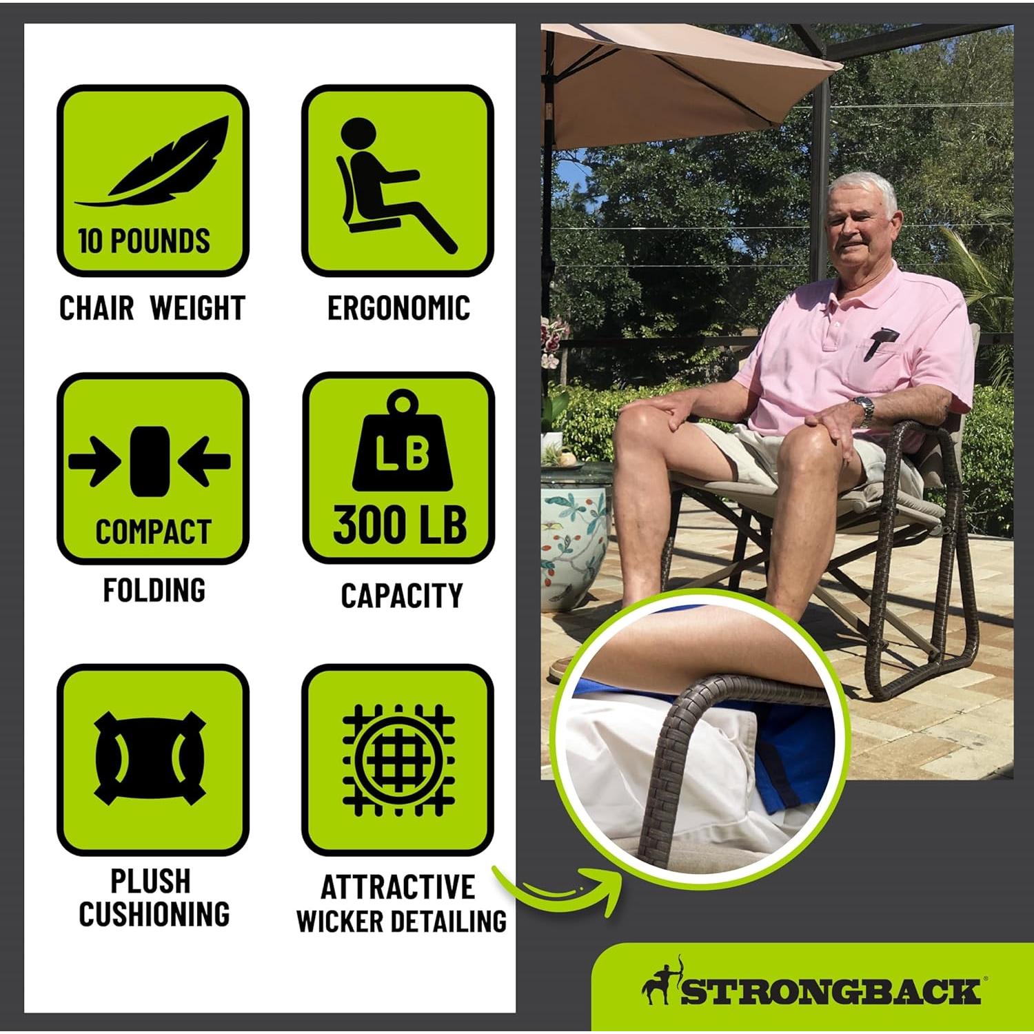 Silla Plegable STRONGBACK Beige - Ergonómica y Acolchada 136 kg