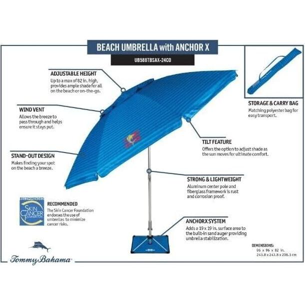 Sombrilla de Playa T0MMY BAHAMA 2.44m con Ventilación y Ancla