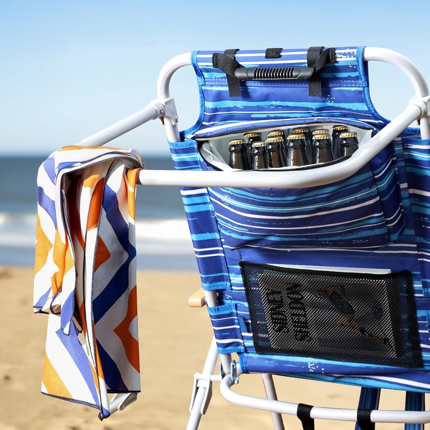 Silla de Playa Alta Yestomo con Reposabrazos y Mochila - Rayas Azules