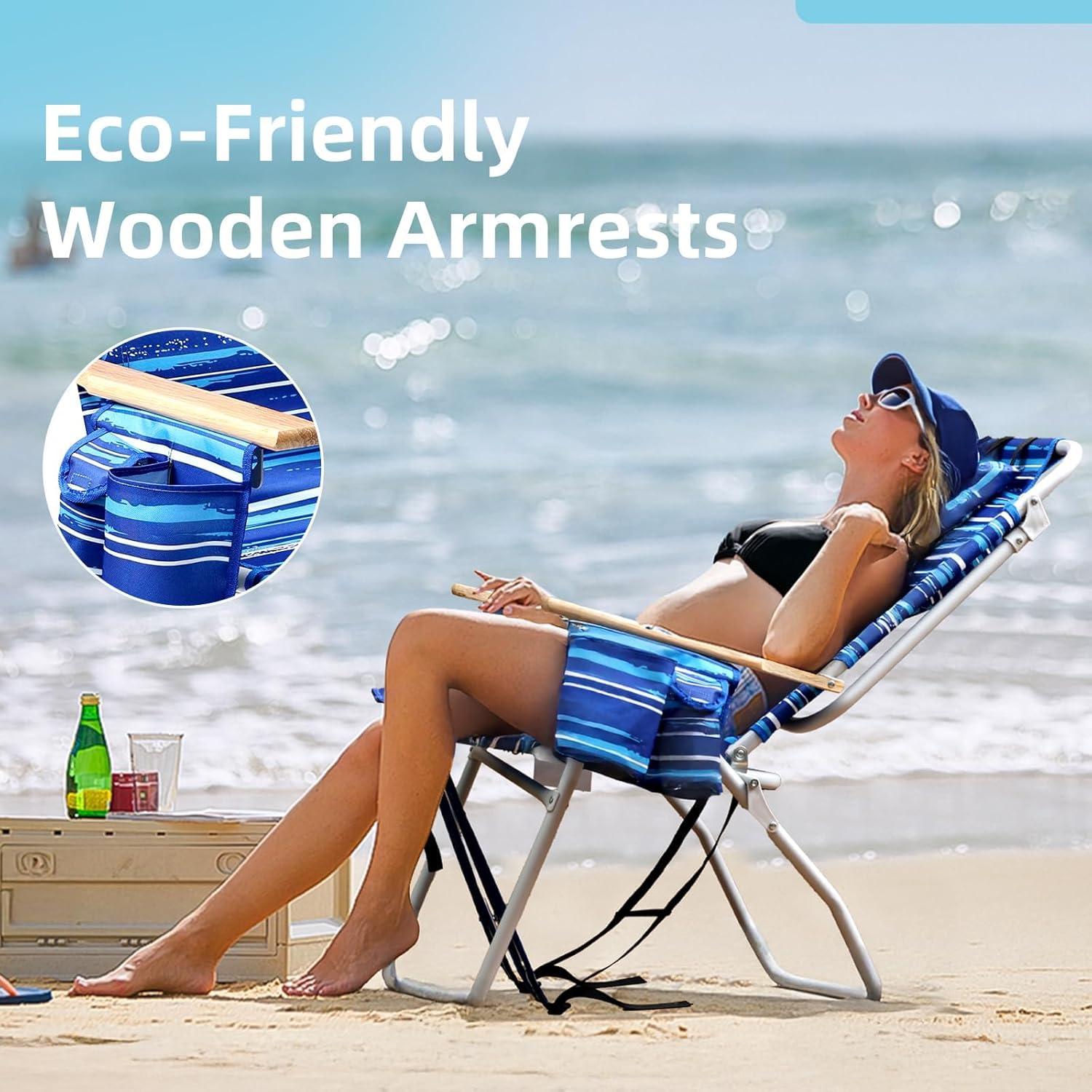 Silla de Playa Alta Yestomo con Reposabrazos y Mochila - Rayas Azules