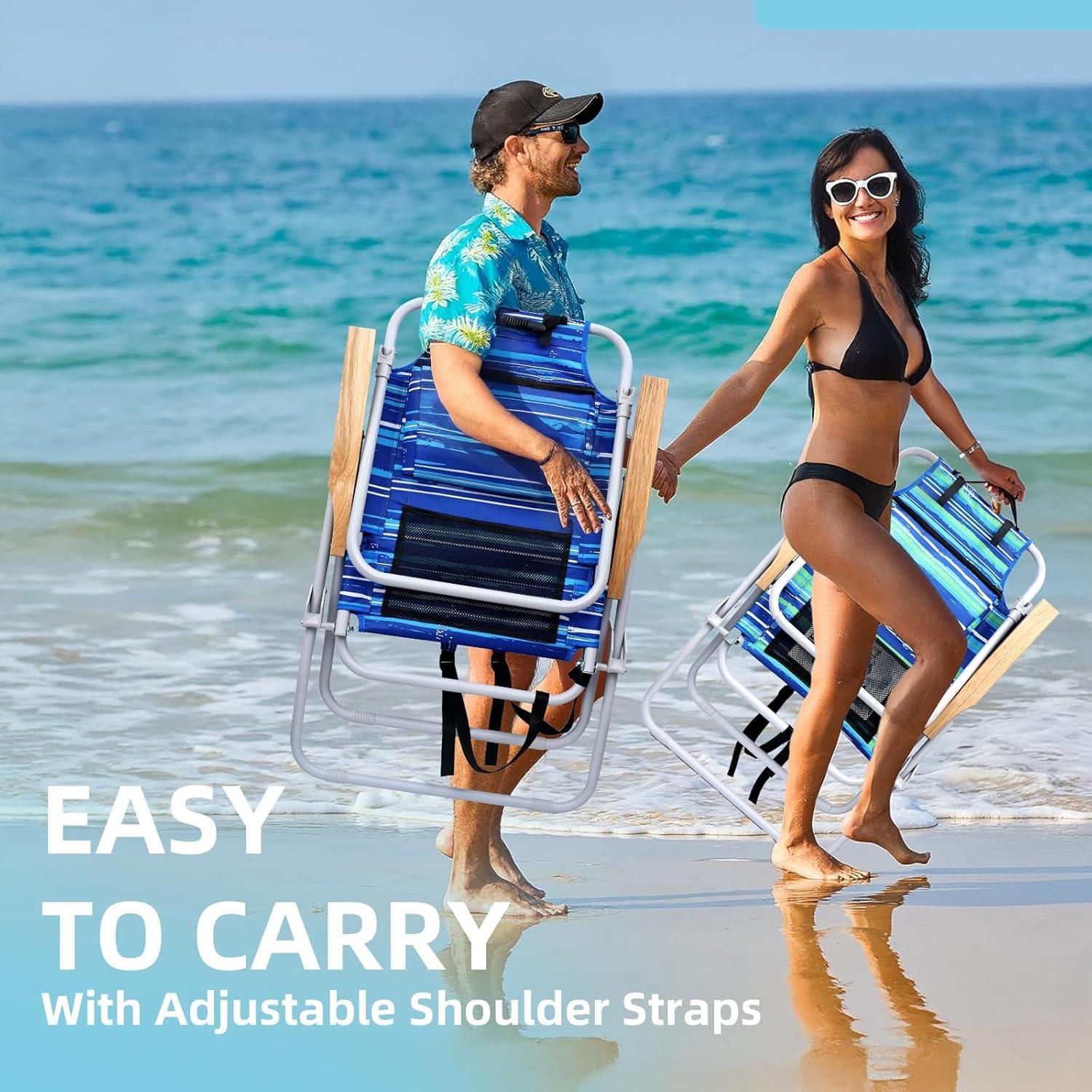 Silla de Playa Alta Yestomo con Reposabrazos y Mochila - Rayas Azules