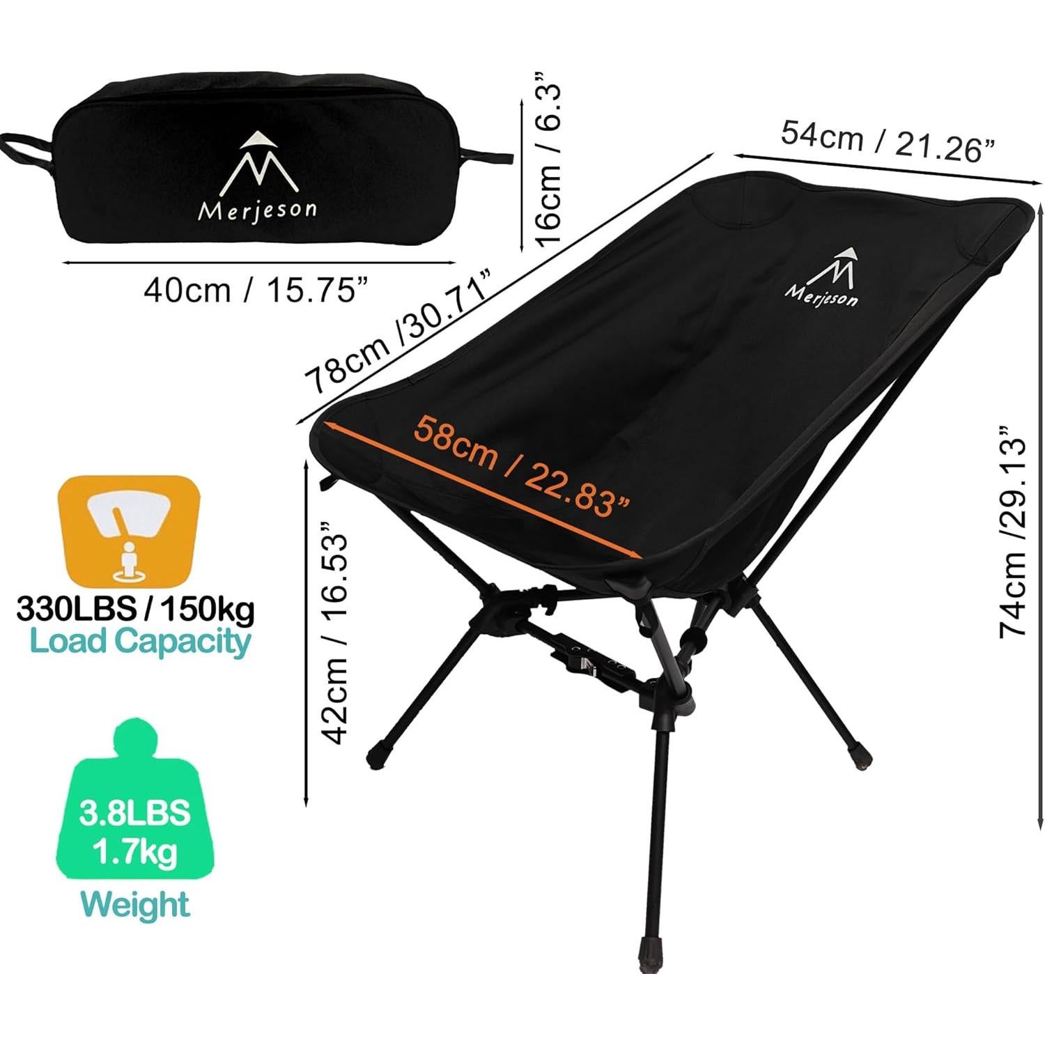 Silla de Camping Plegable Merjeson 150kg Ultraligera Negra