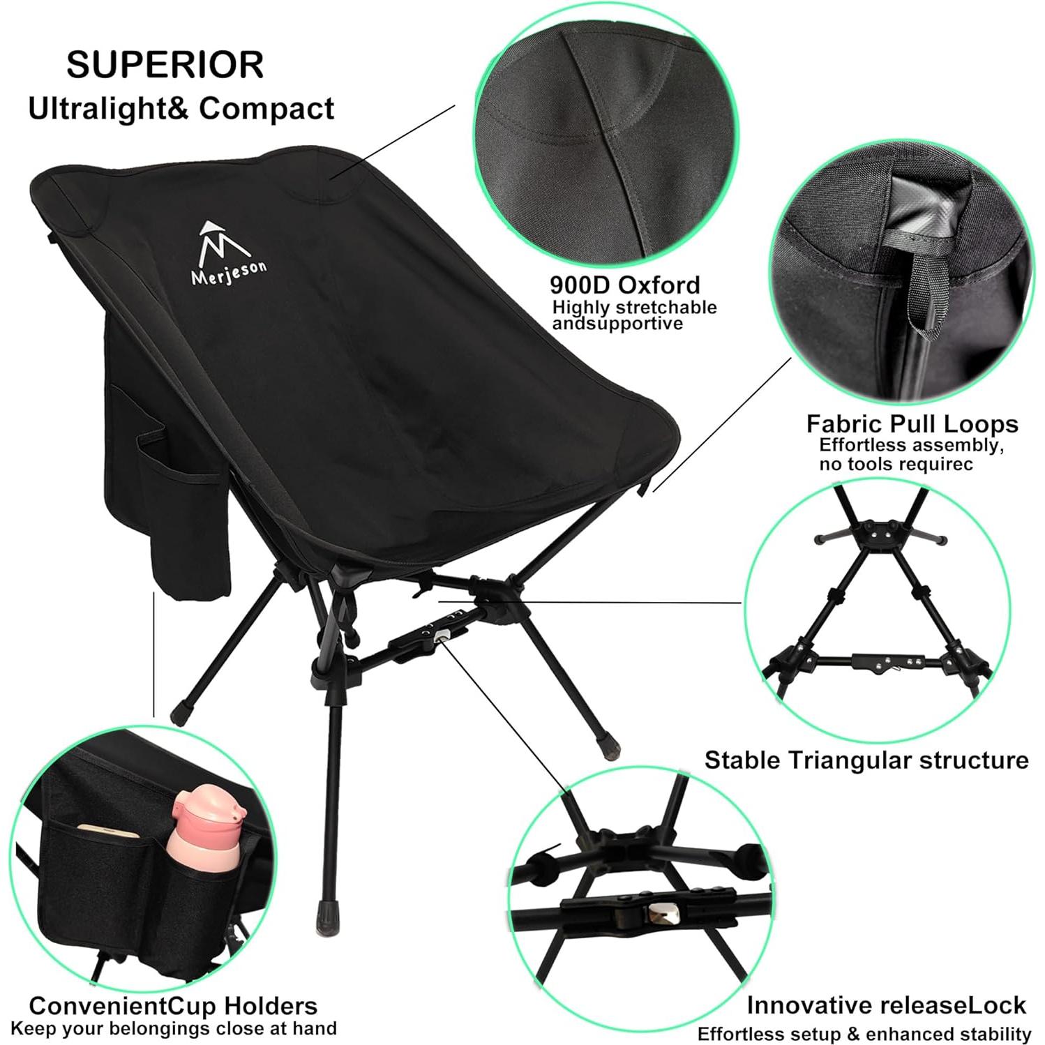 Silla de Camping Plegable Merjeson 150kg Ultraligera Negra