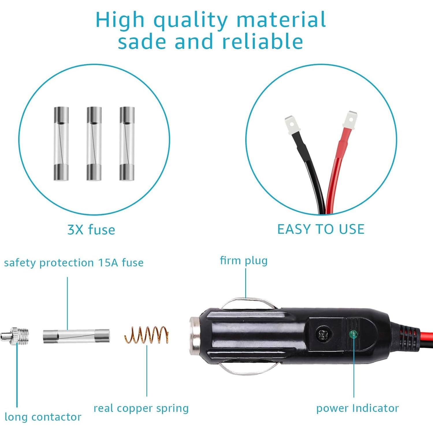 Cable de Alimentación 12V/24V Kzfuli 2.44m con Fusible 15A