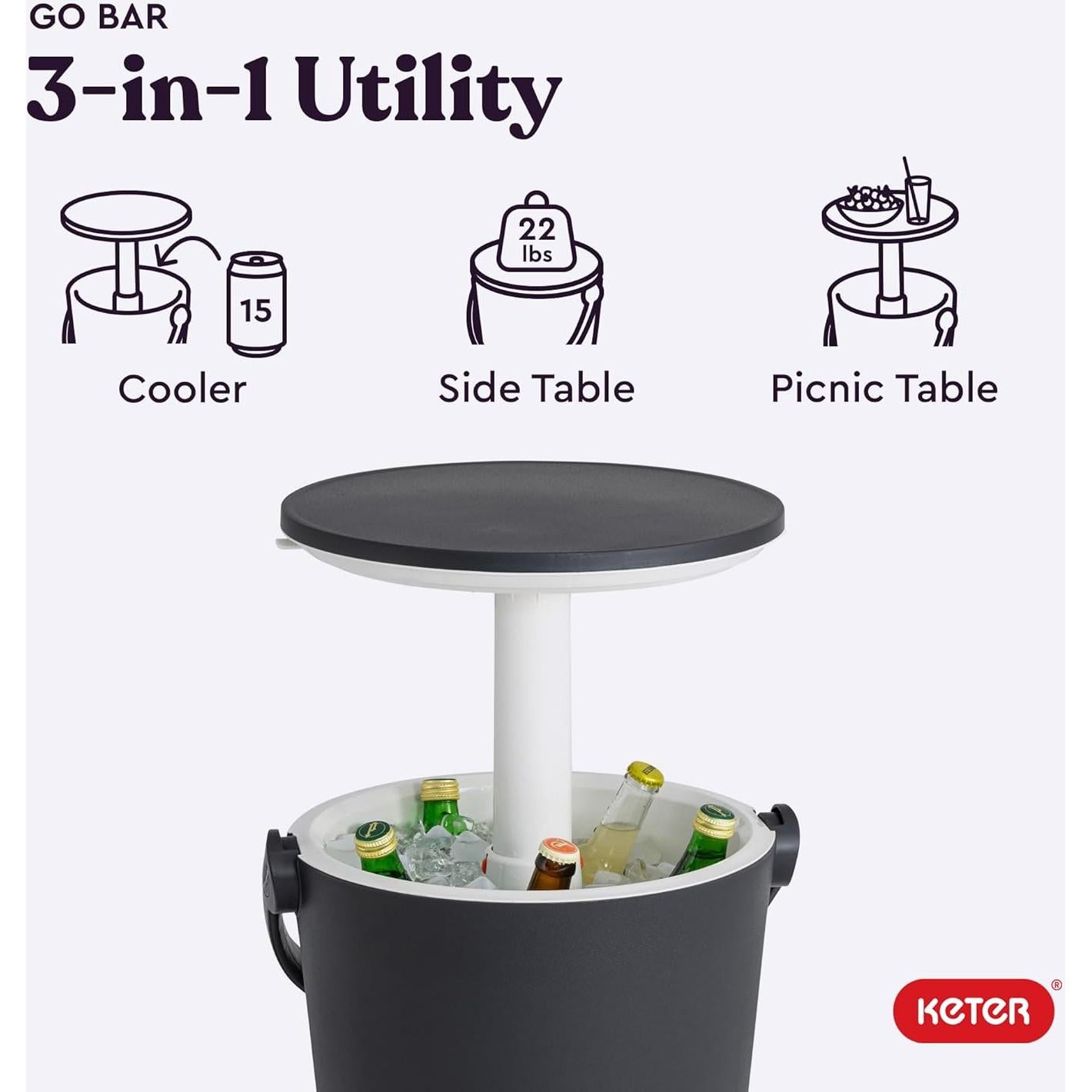 Enfriador Portátil Keter Go Bar 15.9L con Mesa Plegable Grafito