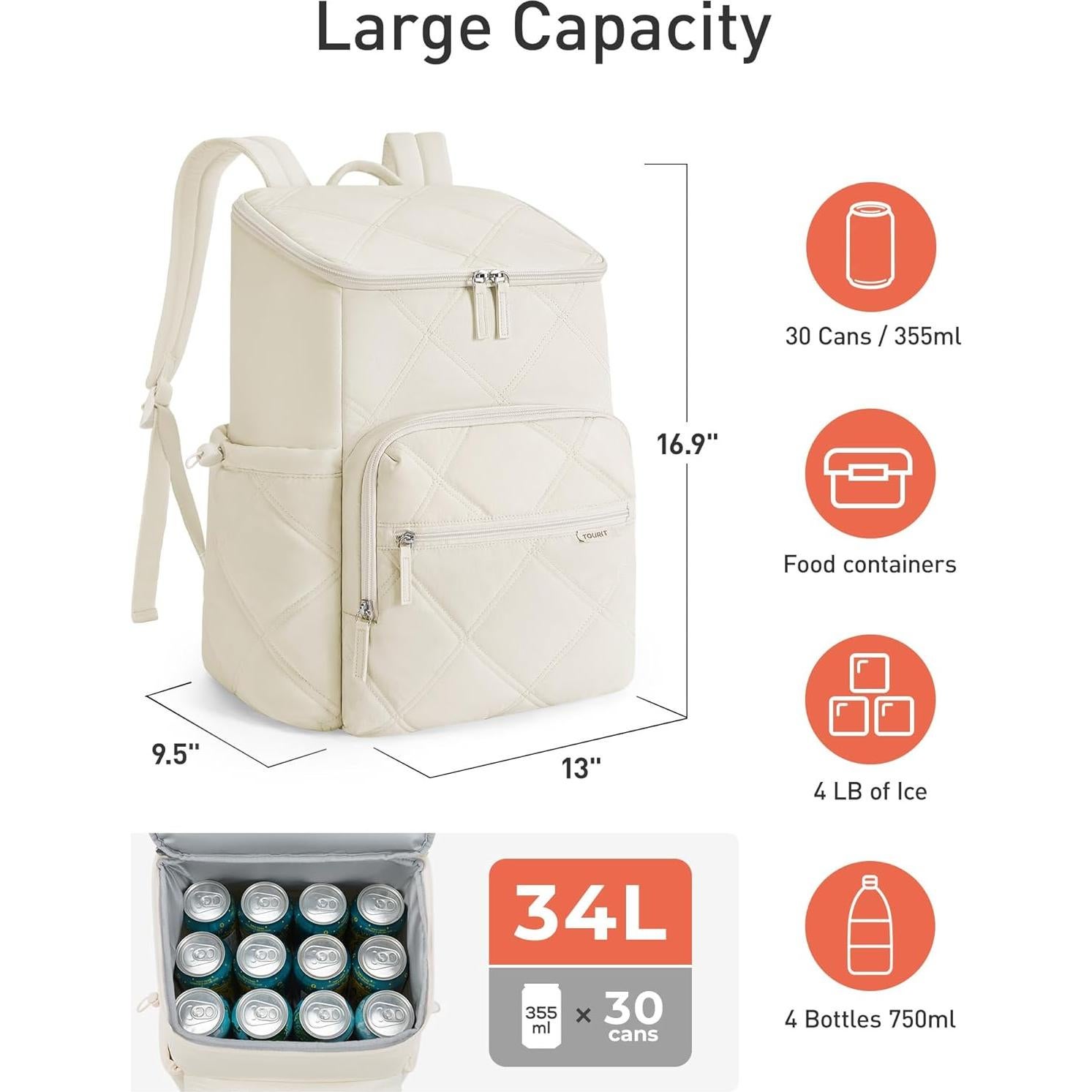 Mochila Enfriadora Aislada TOURIT 34L Impermeable para Picnic