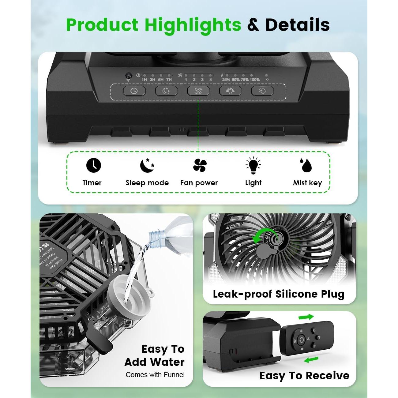 Ventilador de Camping Aopircs F038 con Nebulización 10W 1.2kg