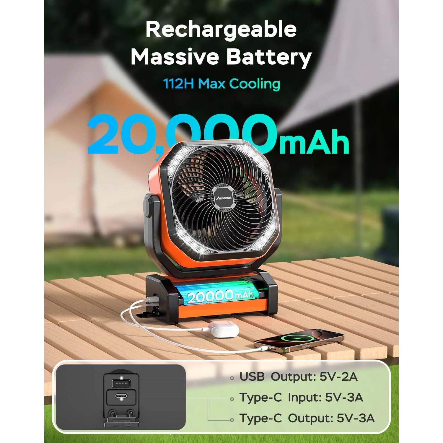 Ventilador de Camping AMACOOL D22 con Luz LED 20000mAh