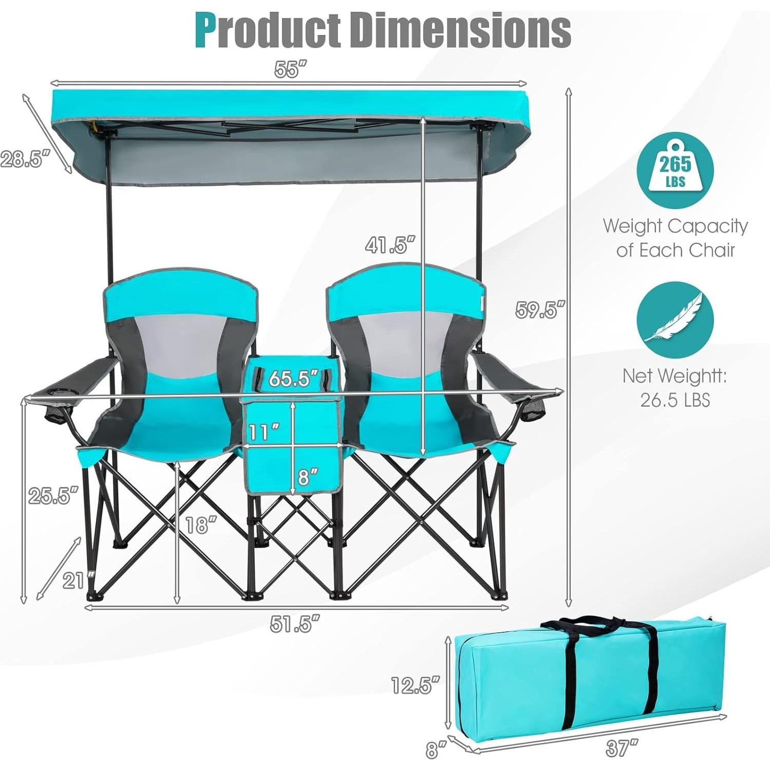 Silla de Camping Loveseat Tangkula Plegable con Dosel Ajustable