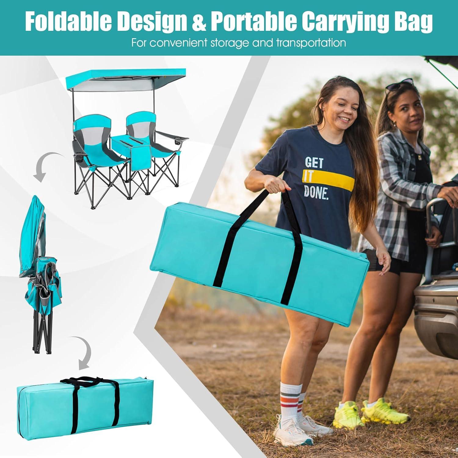 Silla de Camping Loveseat Tangkula Plegable con Dosel Ajustable