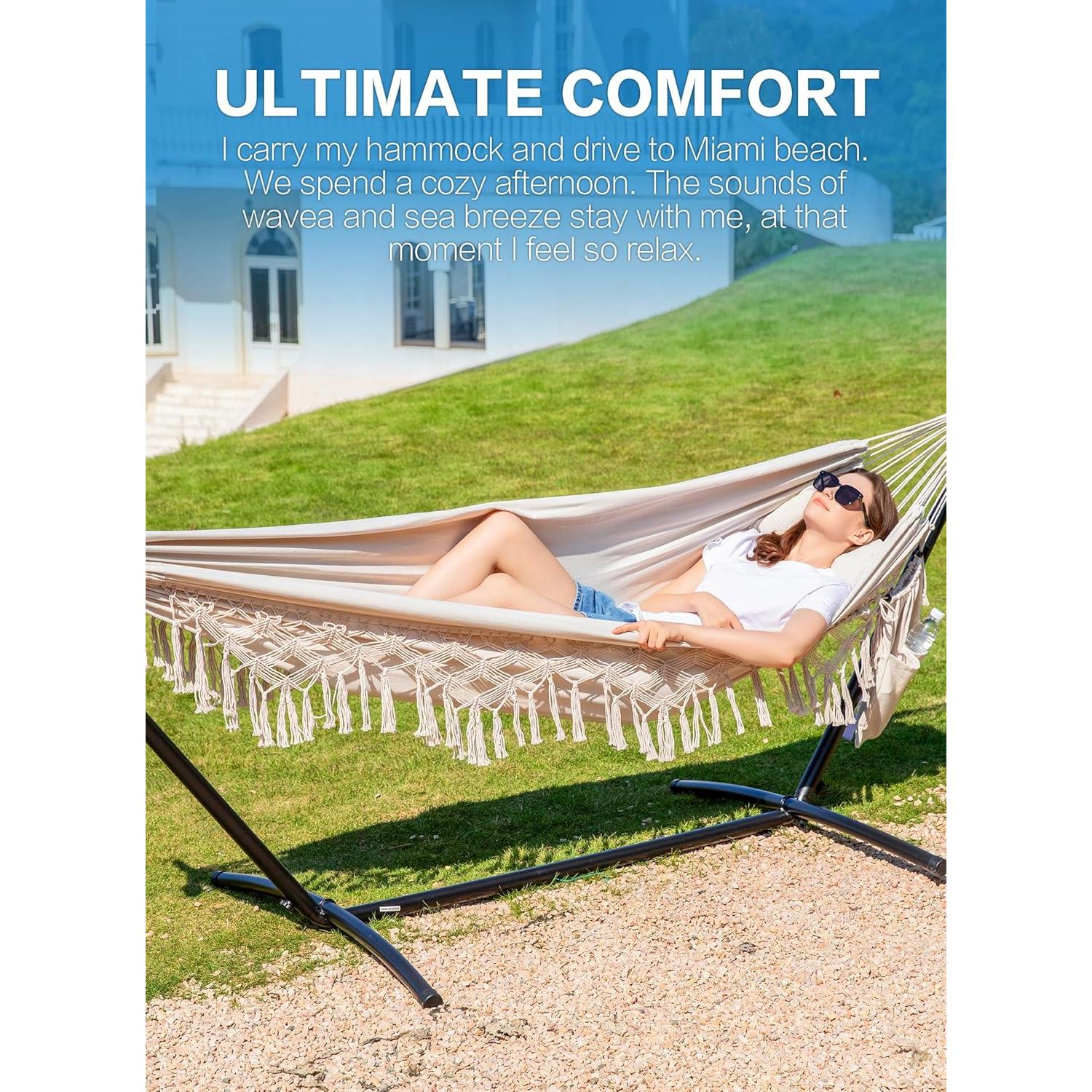 Hamaca Doble PNAEUT con Soporte y Almohada Beige 204 kg