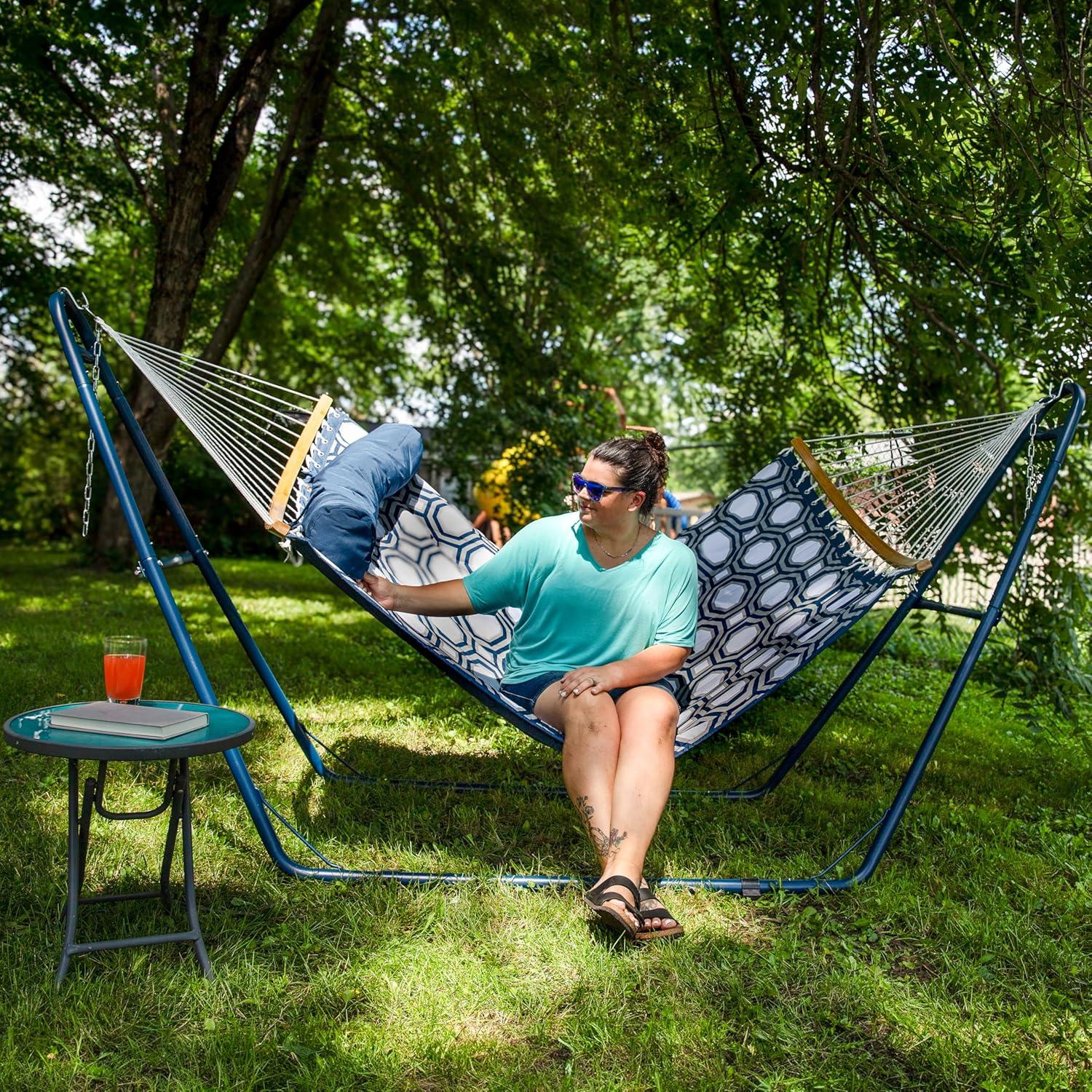 Hamaca Exterior Sunnydaze Doble con Barra Curvada Azul y Gris