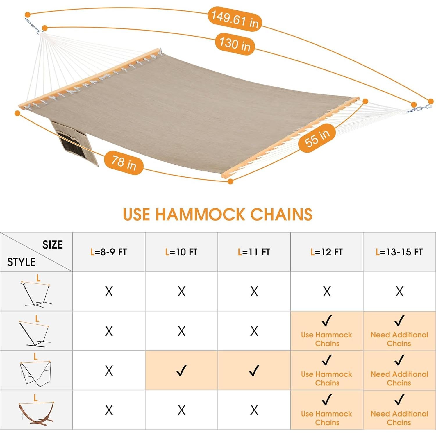 Hamaca Doble Lazy Daze 11 FT Caqui Secado Rápido 204 kg