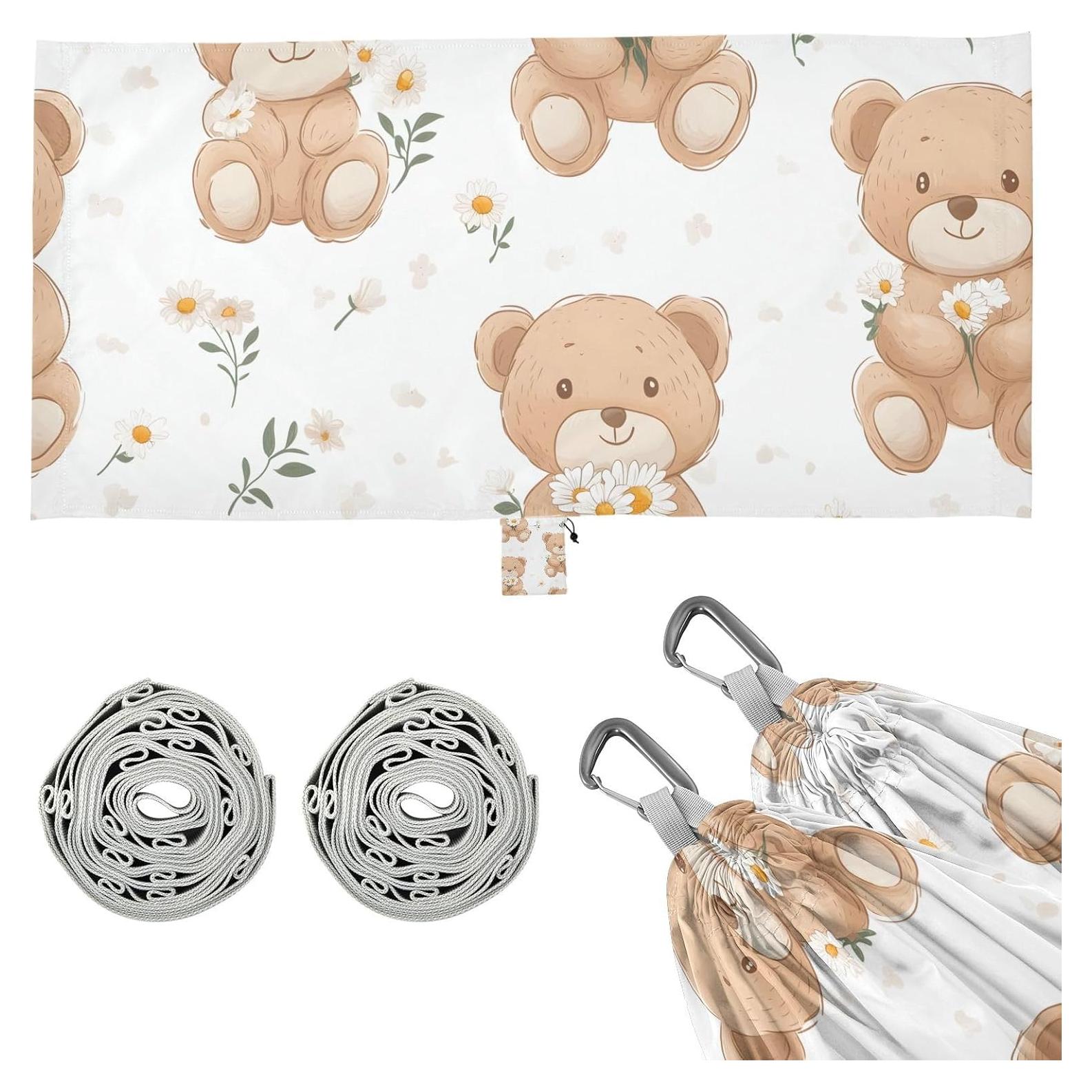 Daisies and Teddy Bears Pattern Portable Camping Hammock Durable Single Hammocks with 2 Tree Straps and Attached Carry Bag for Camping Beach Patio Backyard Outdoor Indoor