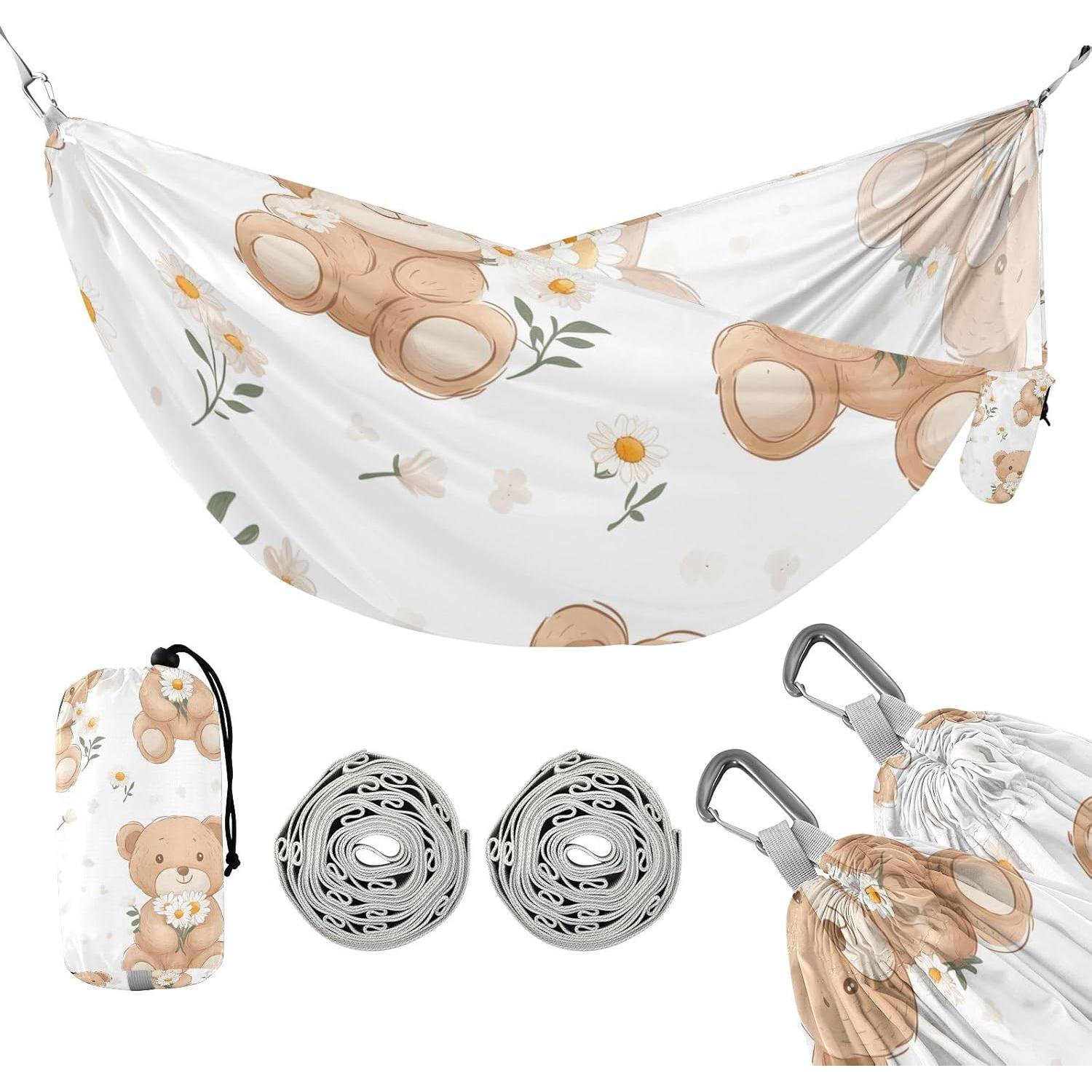 Daisies and Teddy Bears Pattern Portable Camping Hammock Durable Single Hammocks with 2 Tree Straps and Attached Carry Bag for Camping Beach Patio Backyard Outdoor Indoor