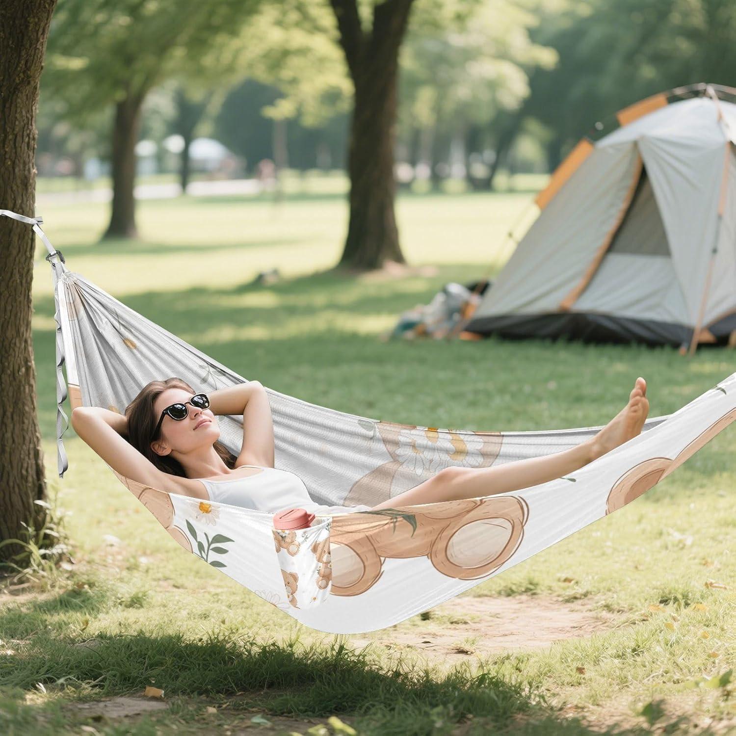 Daisies and Teddy Bears Pattern Portable Camping Hammock Durable Single Hammocks with 2 Tree Straps and Attached Carry Bag for Camping Beach Patio Backyard Outdoor Indoor