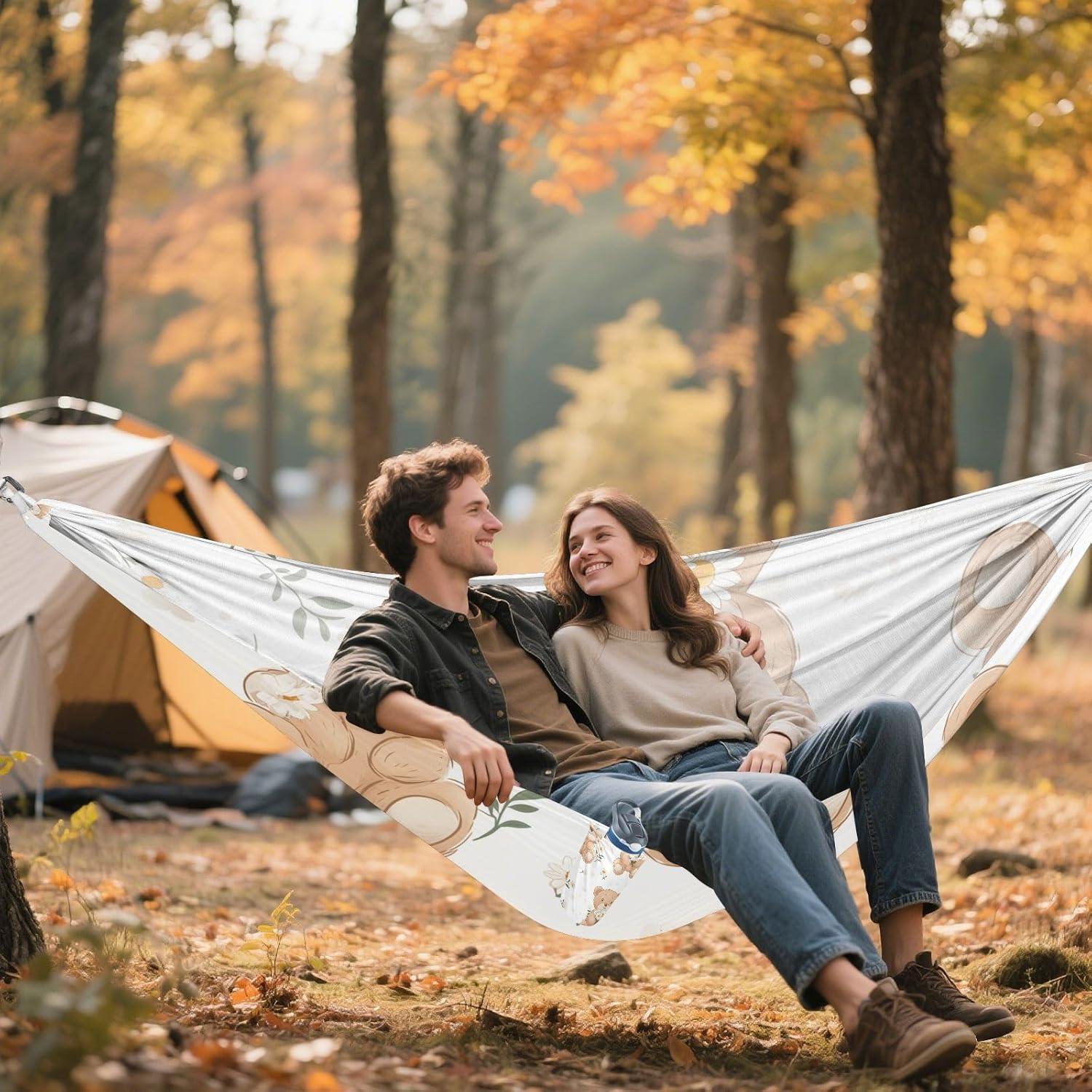 Daisies and Teddy Bears Pattern Portable Camping Hammock Durable Single Hammocks with 2 Tree Straps and Attached Carry Bag for Camping Beach Patio Backyard Outdoor Indoor