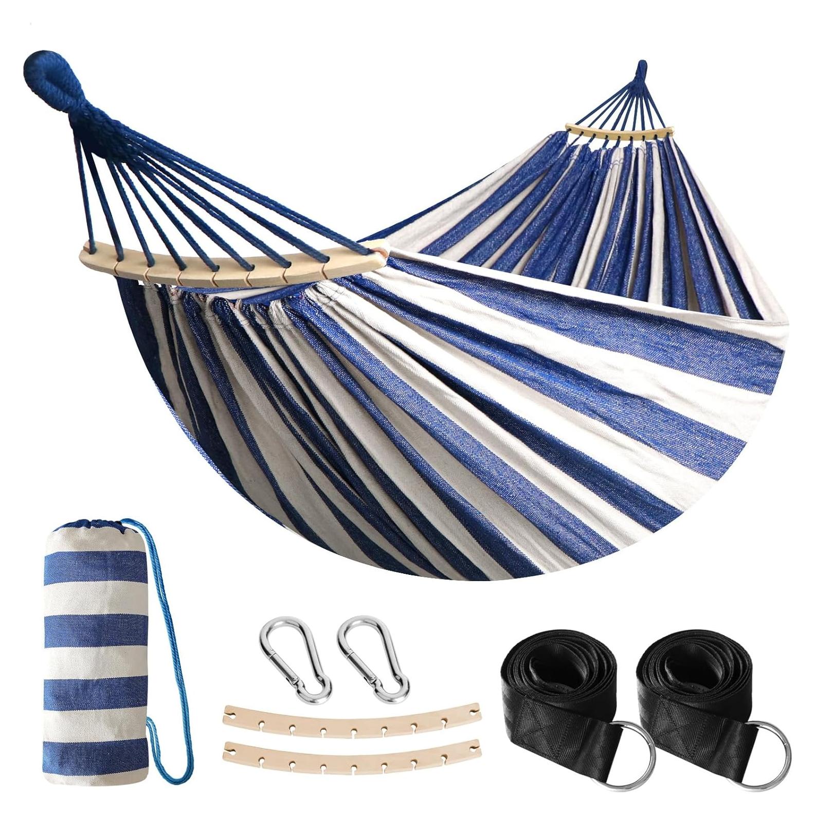 Hamaca de Algodón Anyoo Azul y Blanco con Barra Soporte 204kg