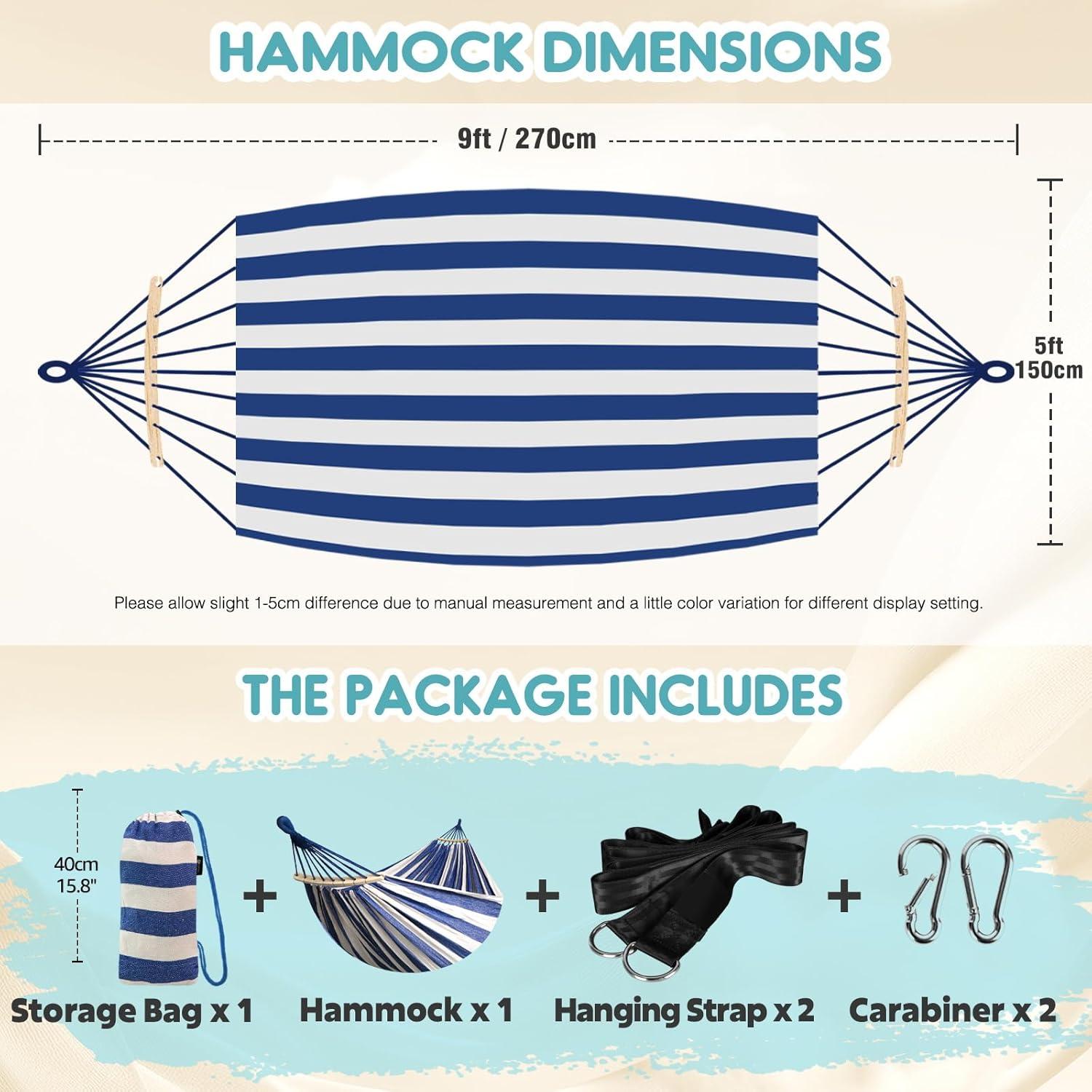 Hamaca de Algodón Anyoo Azul y Blanco con Barra Soporte 204kg