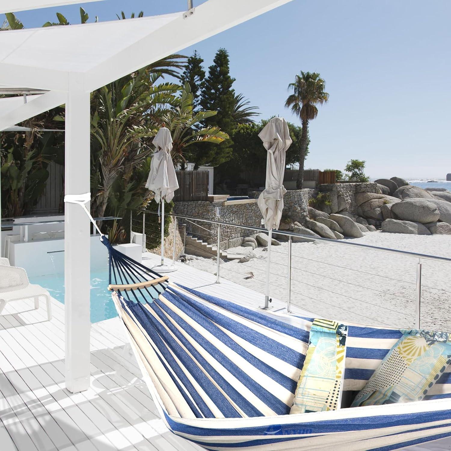 Hamaca de Algodón Anyoo Azul y Blanco con Barra Soporte 204kg