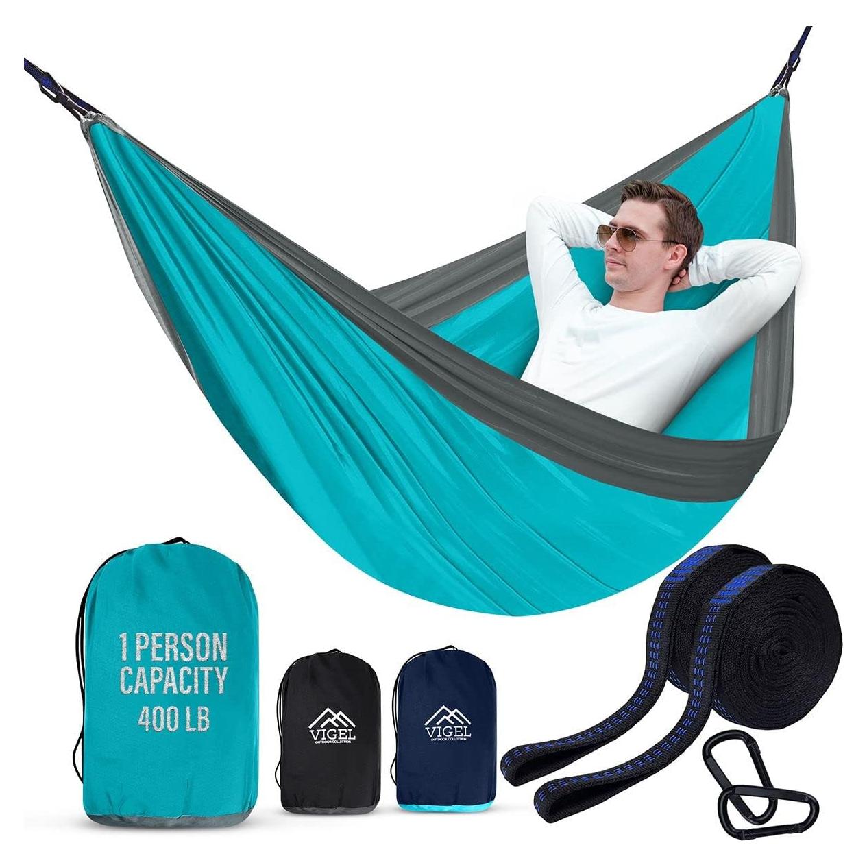 Hamaca de Camping Vigel - Nylon 210T - 274 cm x 137 cm - Gris y Azul