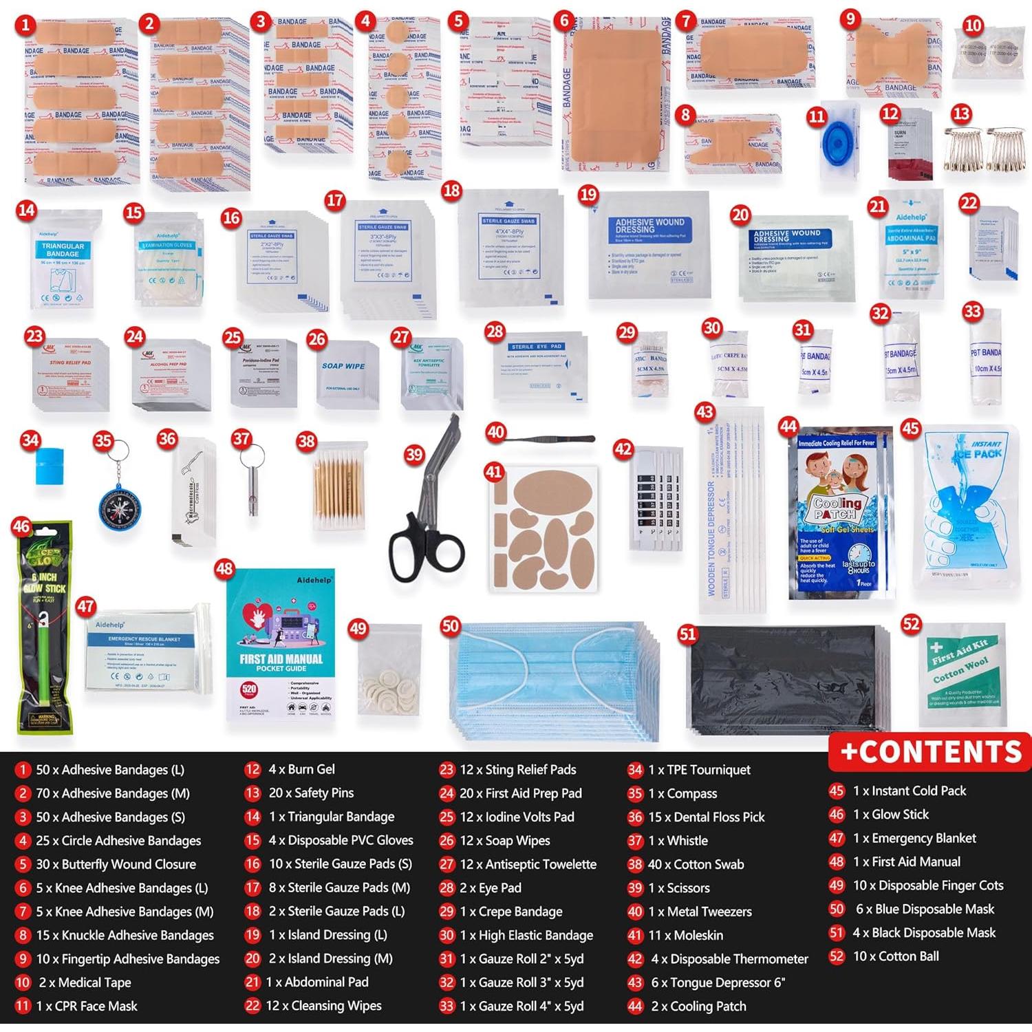 Kit de Primeros Auxilios AIDEHELP 520 Piezas - Emergencia, Viaje, Camping, Rojo