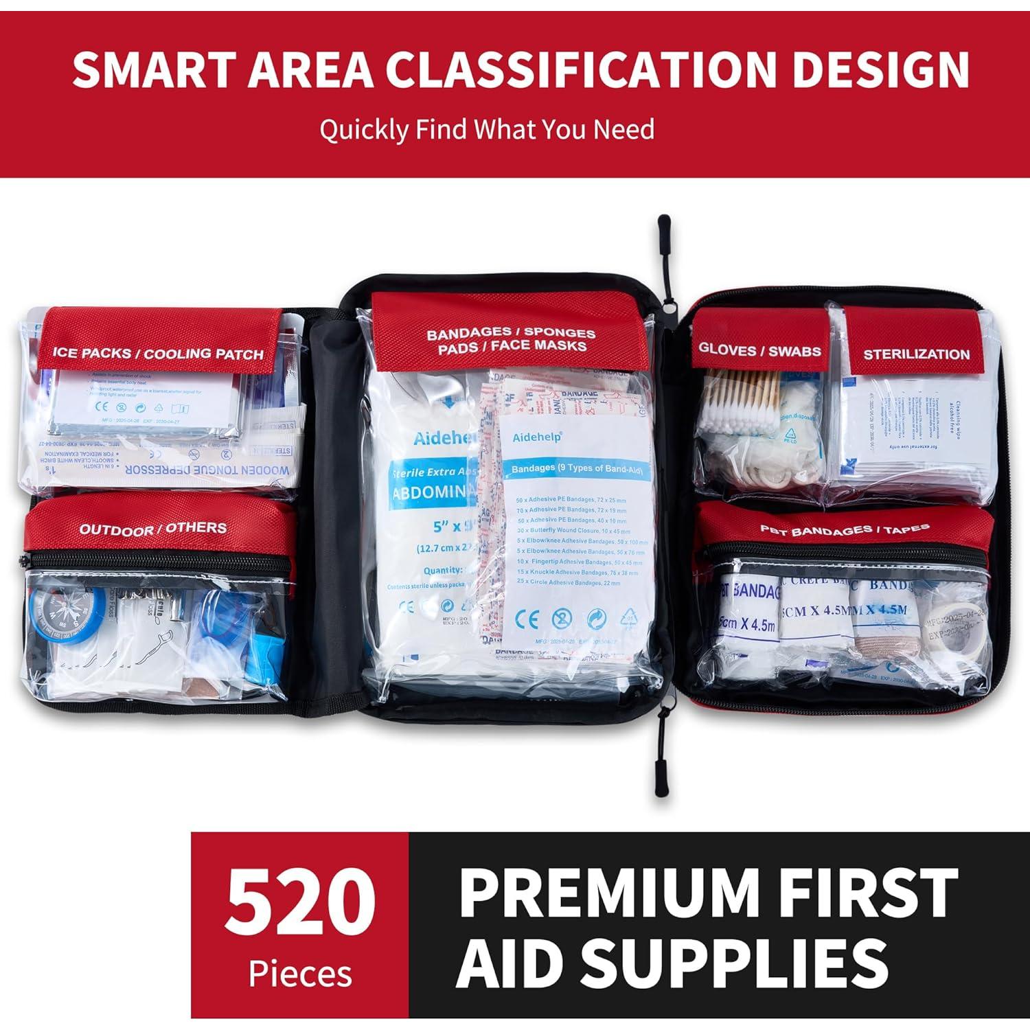 Kit de Primeros Auxilios AIDEHELP 520 Piezas - Emergencia, Viaje, Camping, Rojo