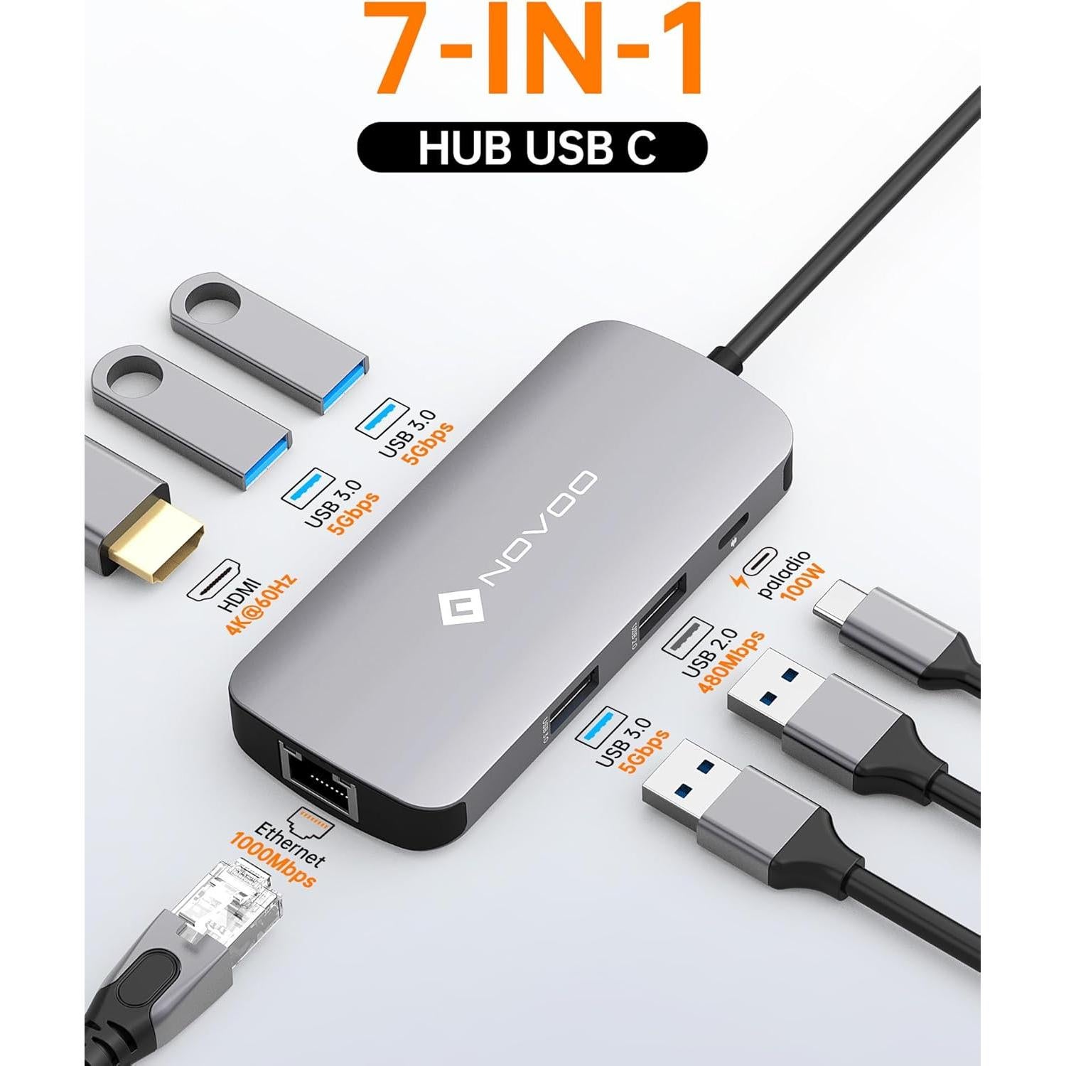 Hub USB C NOVOO 7-en-1 4K HDMI Ethernet 100W PD