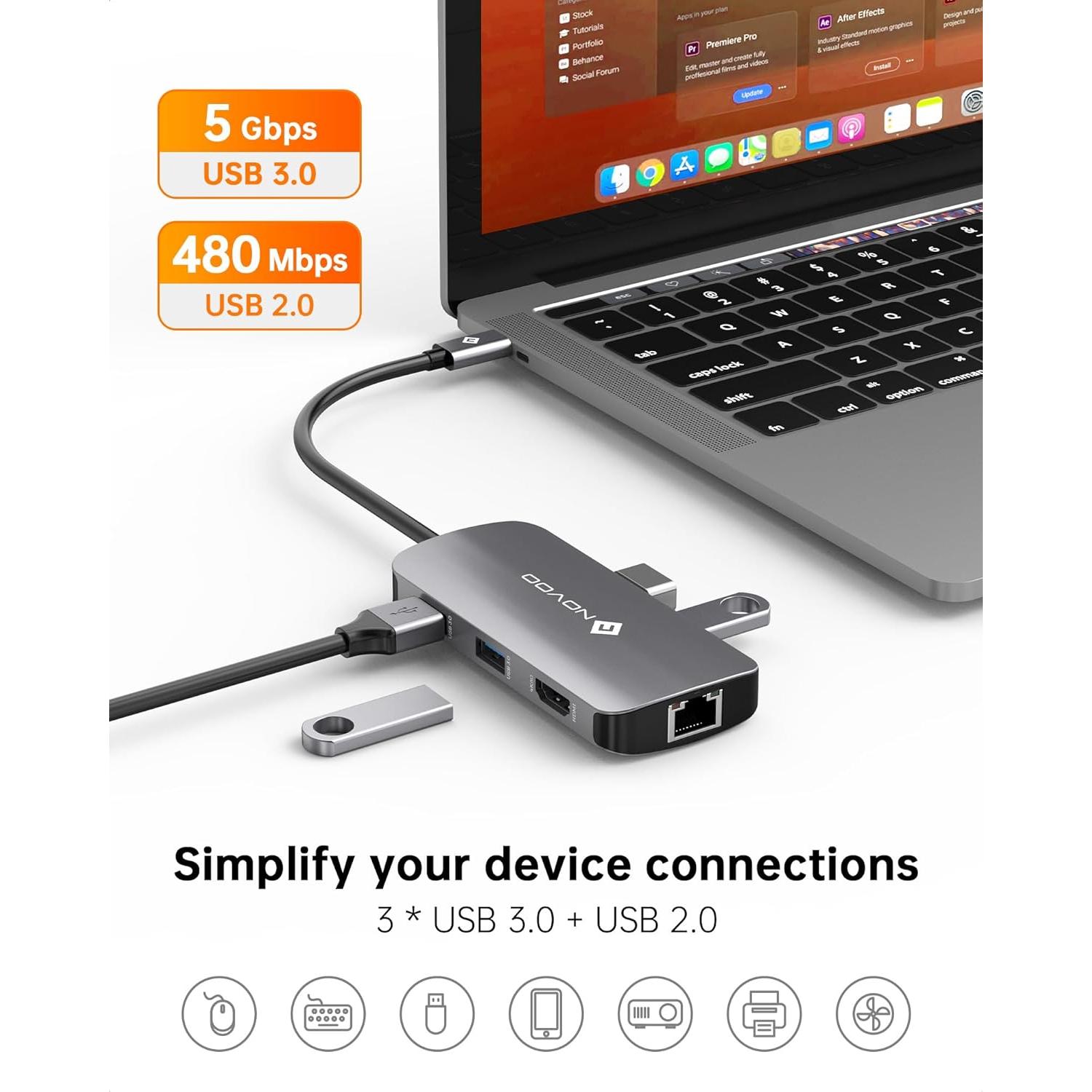 Hub USB C NOVOO 7-en-1 4K HDMI Ethernet 100W PD