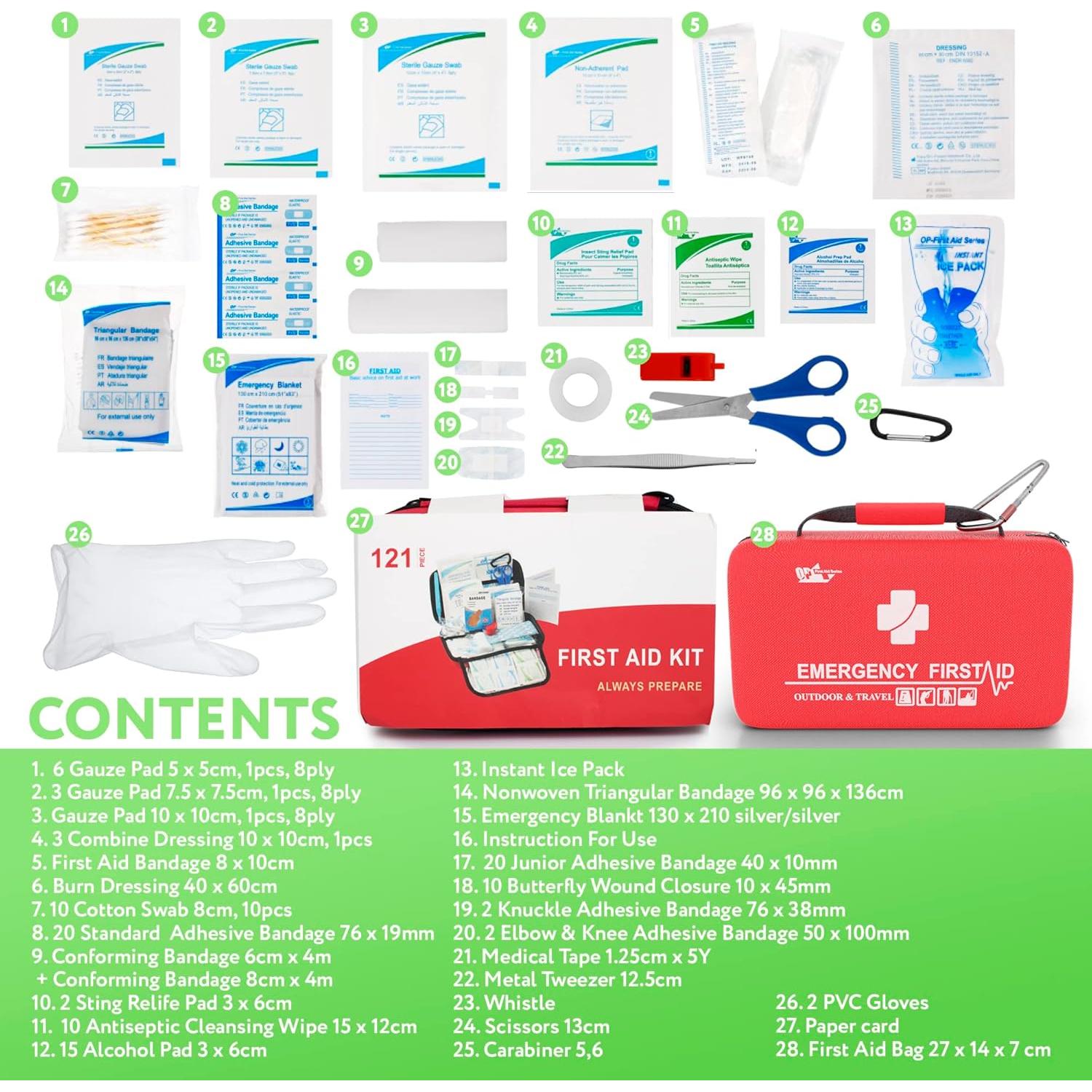 Small Survival First Aid Kit of 121 Pieces. Portable Car Emergency Kit. Mini Medicine Bag. Classroom Must Haves. Sturdy Lightweight EVA Camping Essentials. Waterproof First Aid Bag with Zip