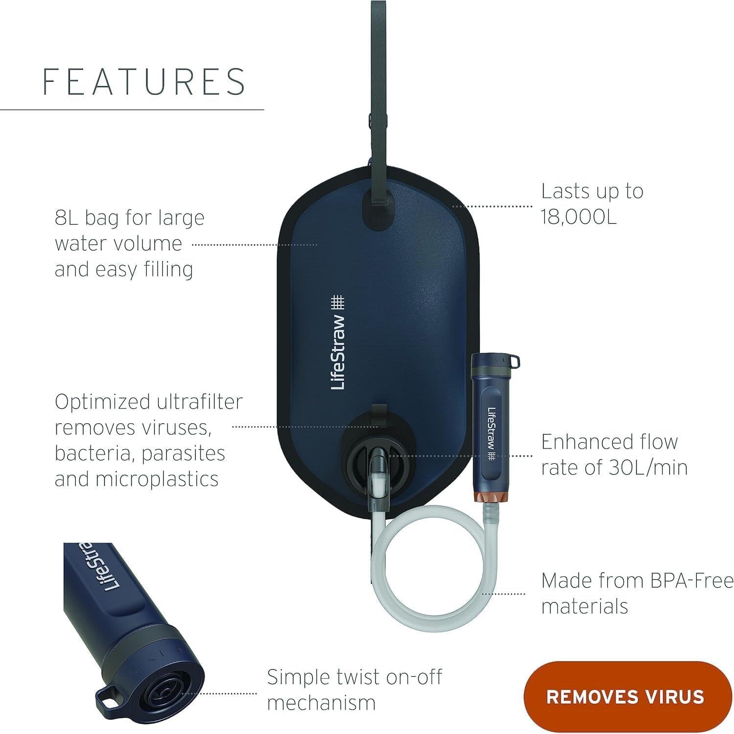 Purificador de Agua LifeStraw Peak Series 8L - 30L/h, 18000L