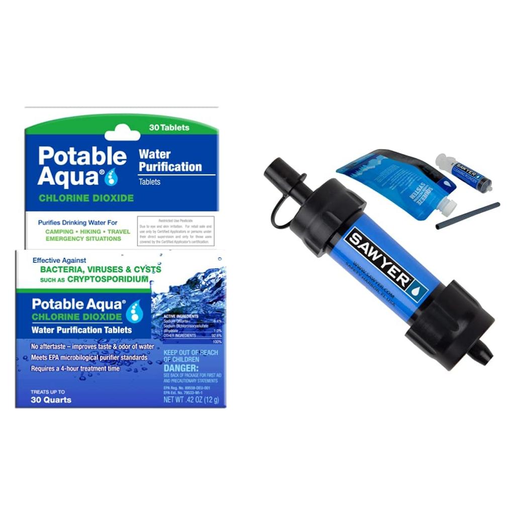 Tabletas Purificadoras Potable Aqua + Filtro Sawyer MINI 30 Unidades
