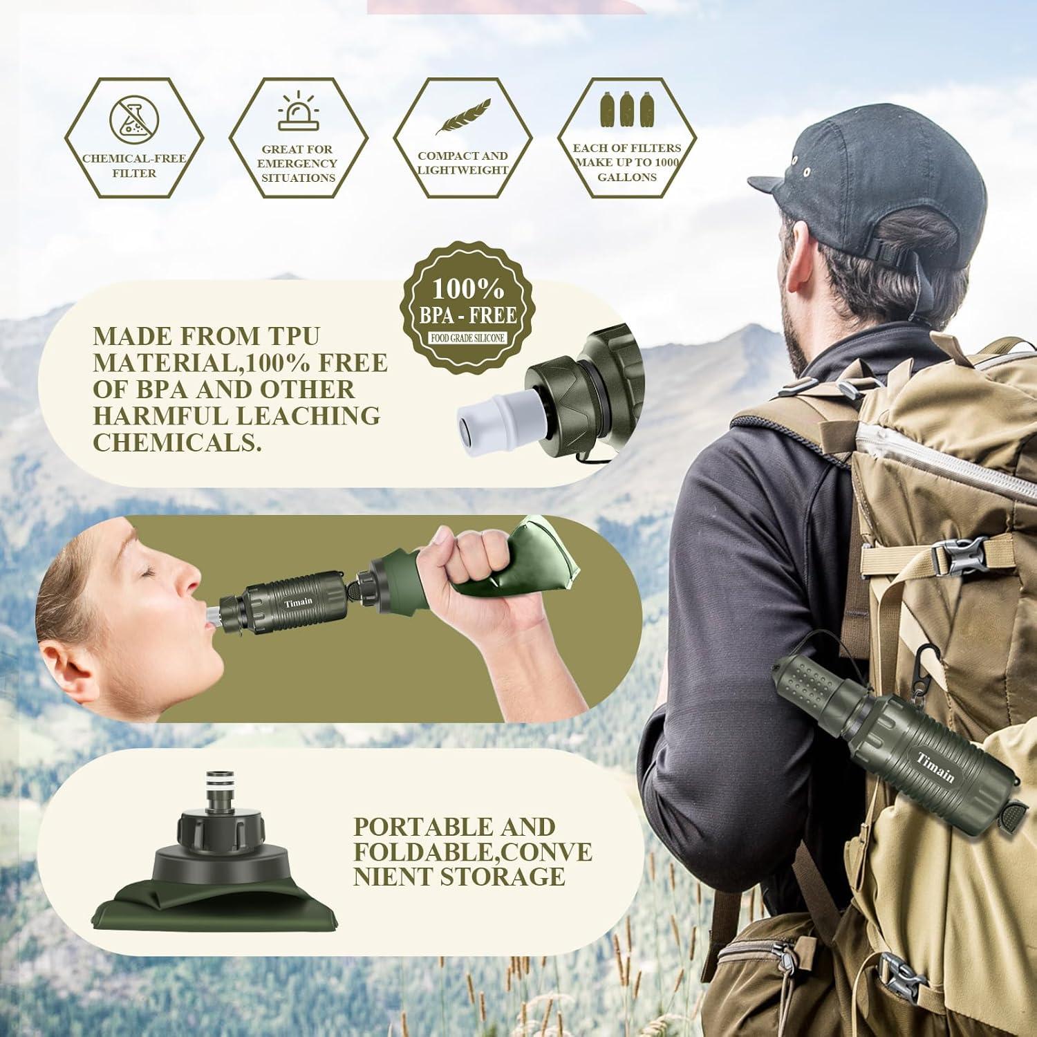 Filtro de Agua Portátil Timain Verde para Camping y Senderismo