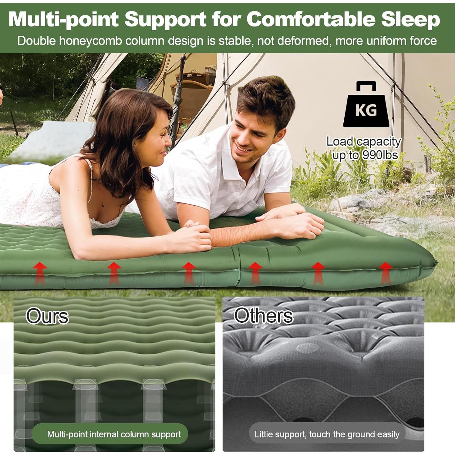 Colchón Inflable Doble CAMULAND 196x135 cm 4.7 cm Grosor Verde Oliva