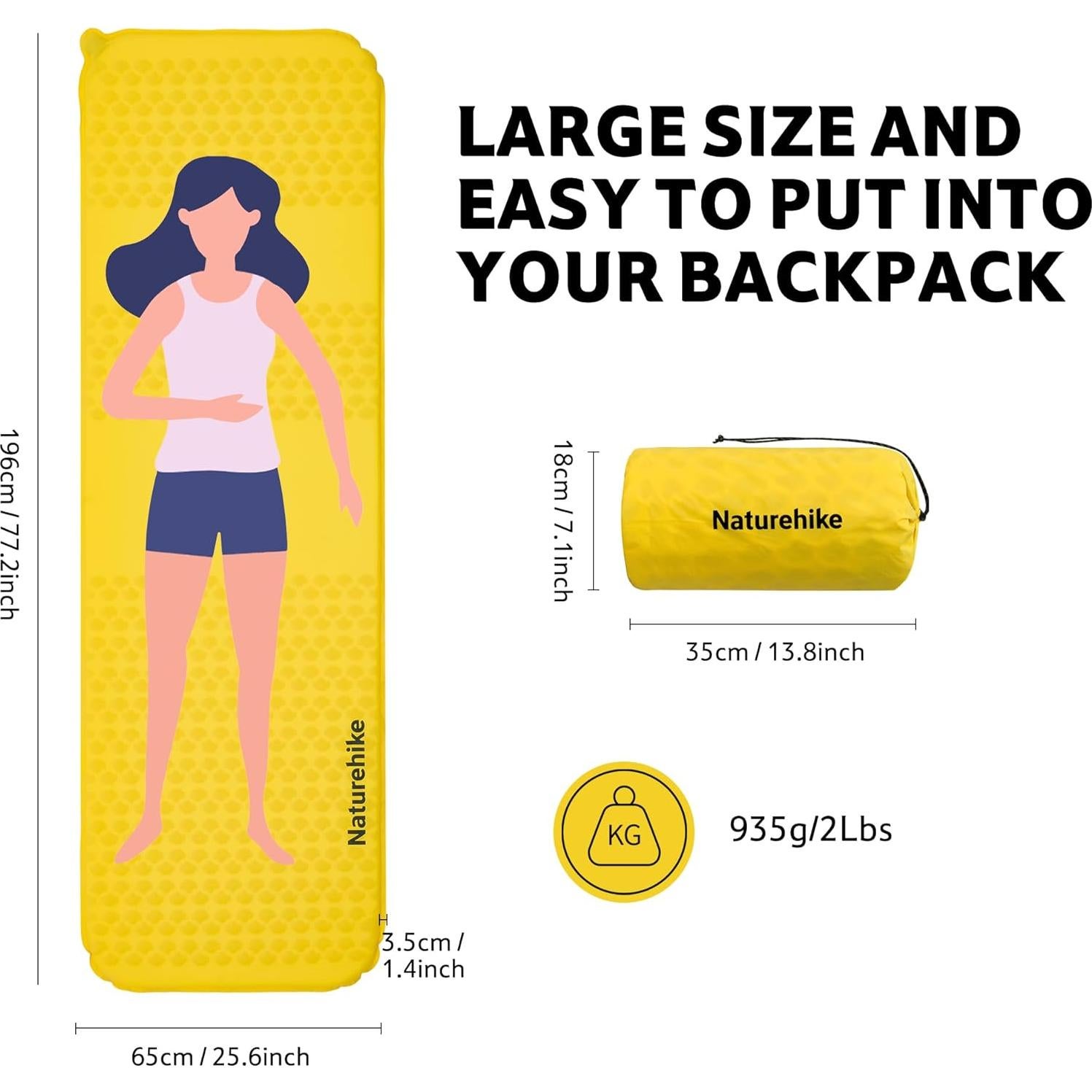 Almohadilla de Camping Autoinflable Naturehike Amarilla 196x65cm